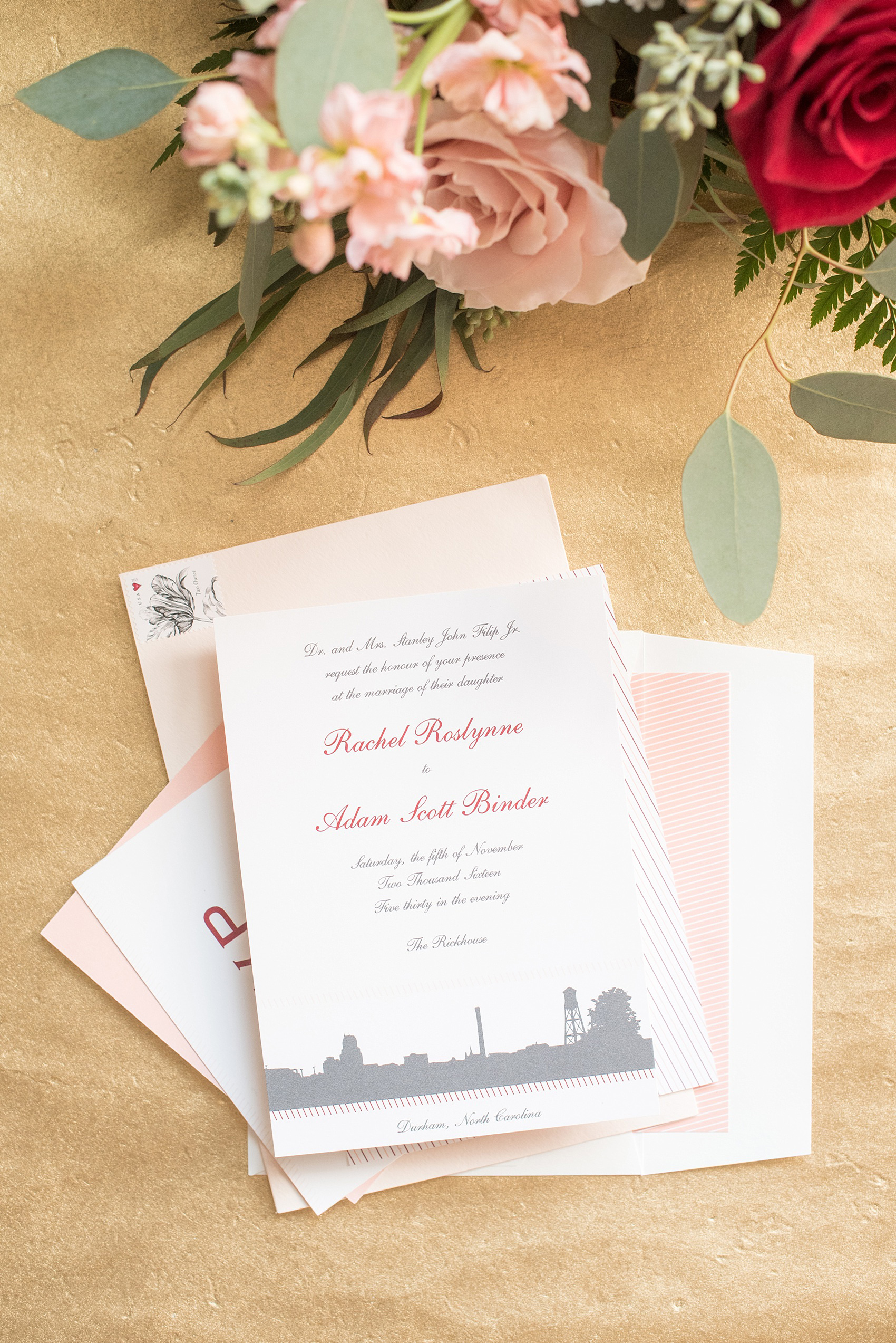 Mikkel Paige Photography photo of a peach and burgundy invitation suite for a wedding at The Rickhouse, Durham.