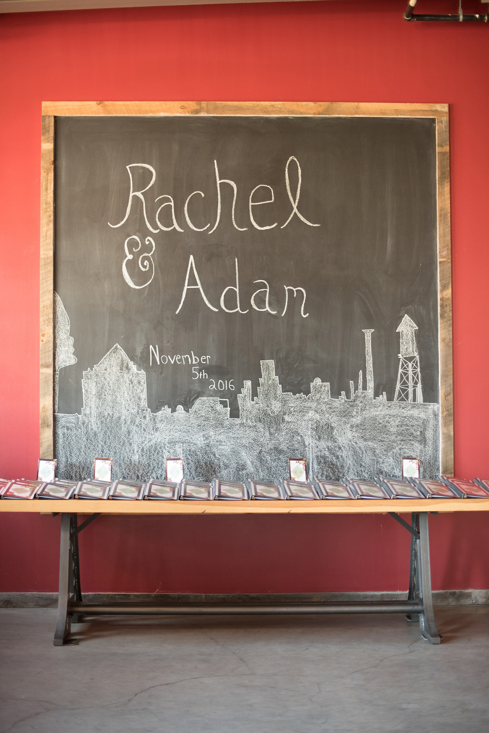 Mikkel Paige Photography photo of a wedding at The Rickhouse, NC. A picture of the chalkboard with Durham skyline outline.