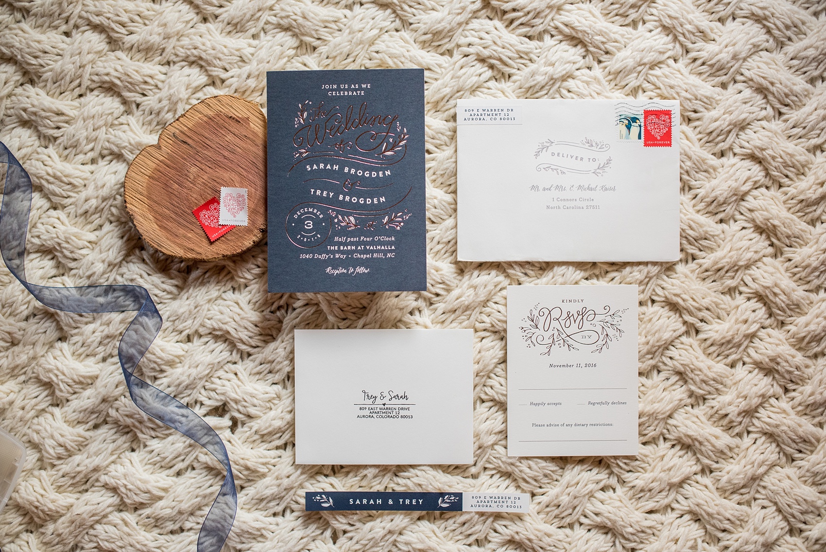 Mikkel Paige Photography photos of a wedding at The Barn at Valahalla in Chapel Hill, NC. Their fall wedding invitation was navy with silver foil.