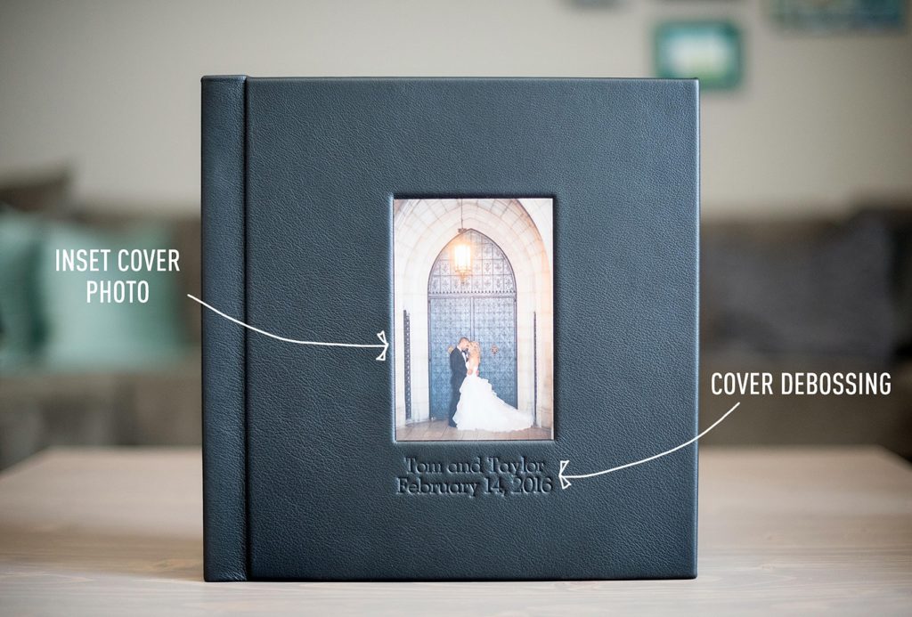 Mikkel Paige Photography wedding album options explained. Debossing cover options for text.