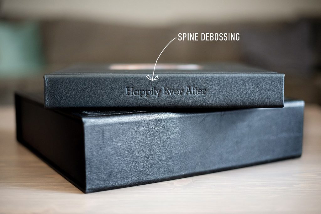 Mikkel Paige Photography wedding album options explained. Debossing spine options for text.