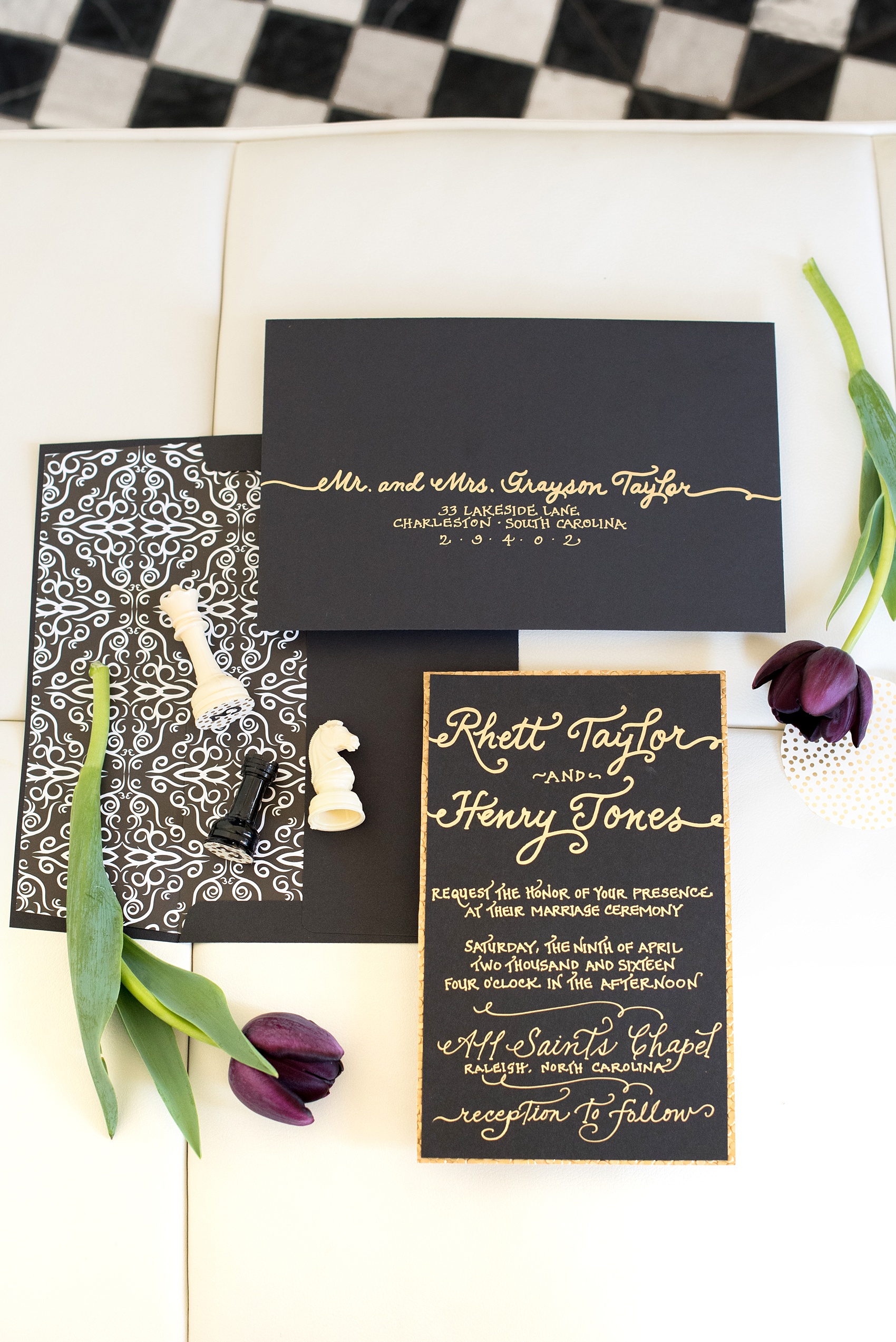Mikkel Paige Photography pictures of a Raleigh, NC wedding at All Saints Chapel. Gay inspiration with a gold and black custom invitation.