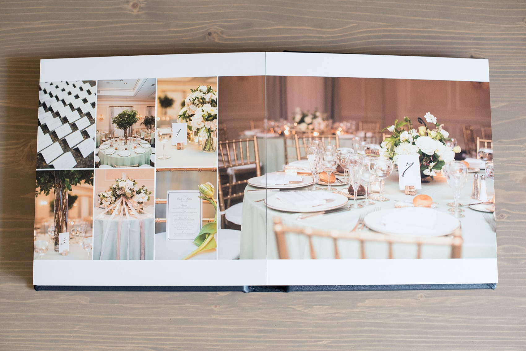 Mikkel Paige Photography photos of a navy blue leather Madera wedding album. Pearl River Hilton wedding.