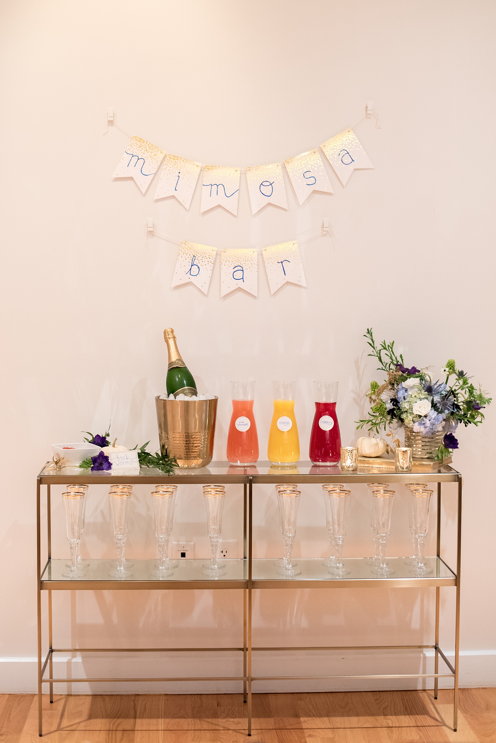 Mikkel Paige Photography photos at The Glass Box in downtown Raleigh. Fall flowers for a bookclub meeting with blue and white centerpieces by Eclectic Sage in pretty mercury glass vases and a mimosa bar.