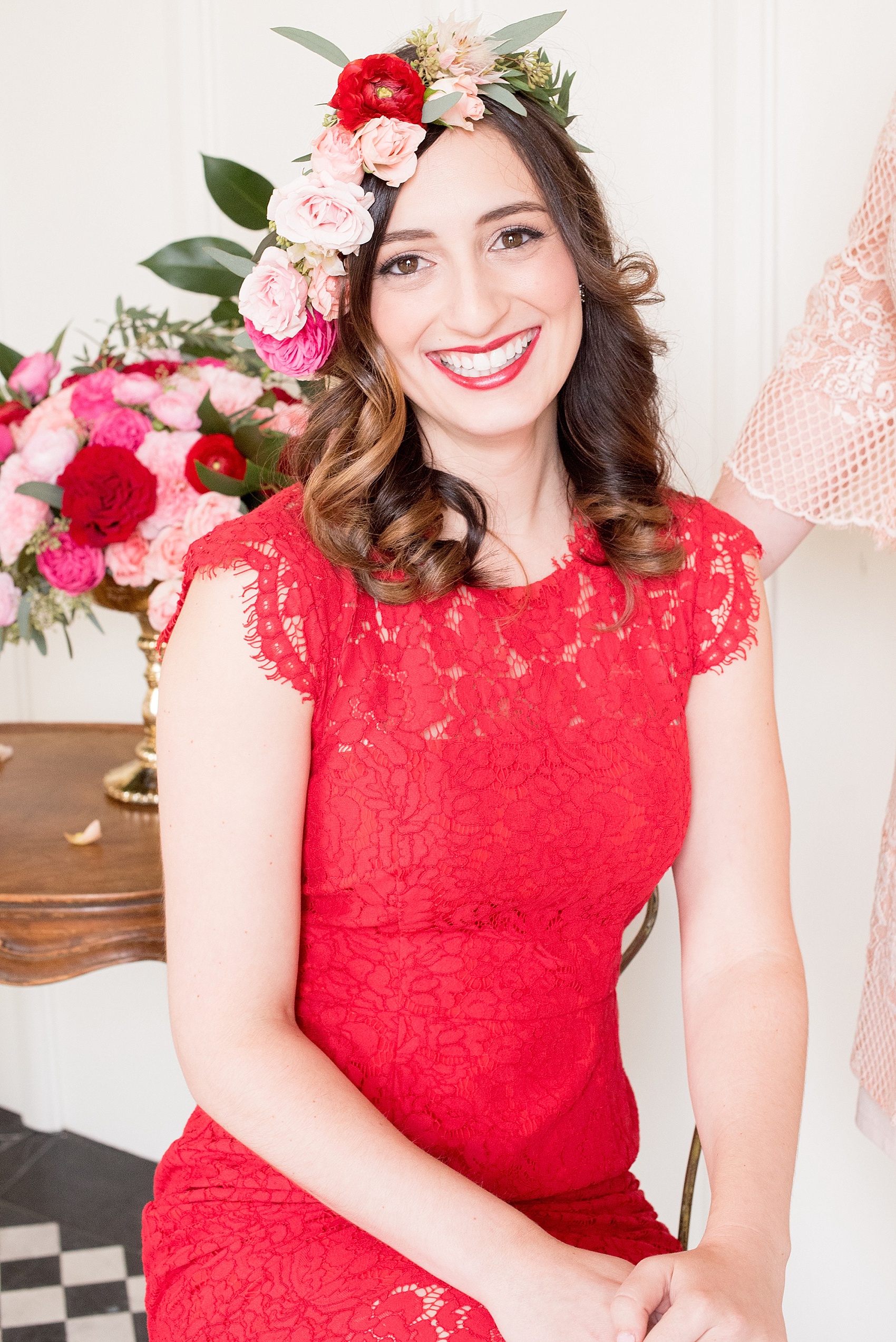 All Saints Chapel Raleigh bridal photos with an inspirational tea for Valentine's Day with a red lace dress, makeup by Ashley Mooney Makeup and rose crown by Flower and Flour NC.