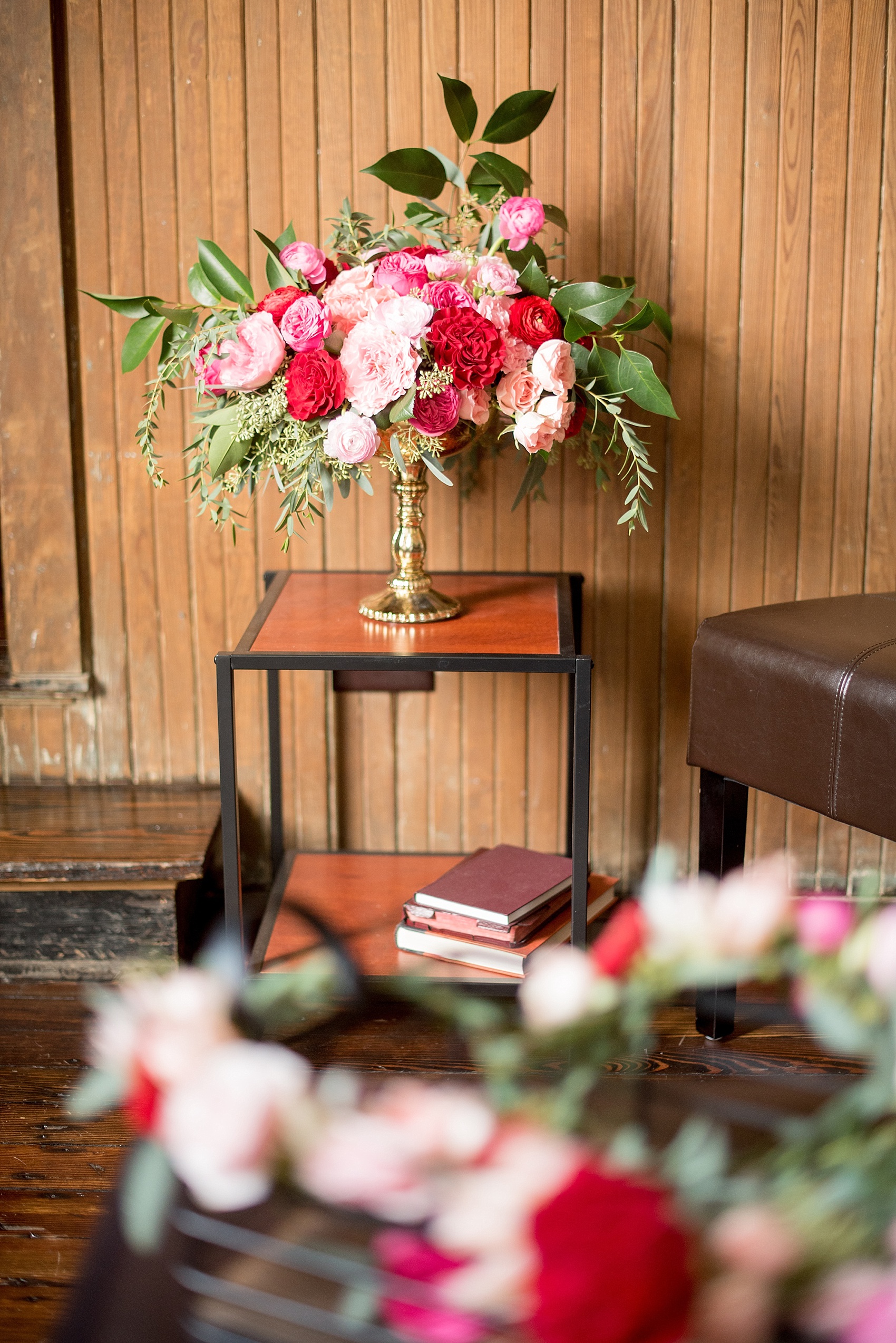 All Saints Chapel Raleigh bridal photos with an inspirational tea for Valentine's Day with pink and red roses by Flower and Flour NC.