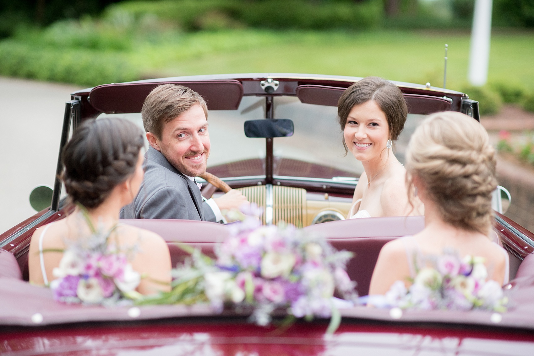 Mikkel Paige Photography images of a Rose Hill Plantation wedding inspiration. Photos of the wedding party in a vintage car.