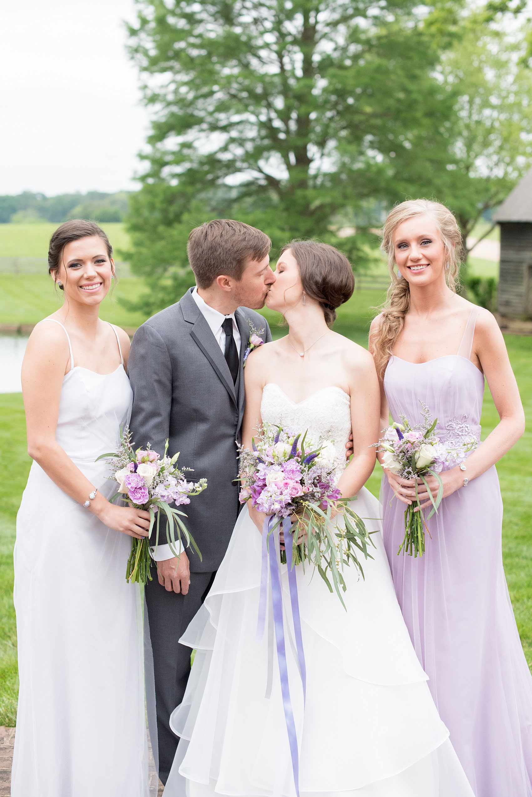 Mikkel Paige Photography images of a Rose Hill Plantation wedding. Photos of the wedding party in lavender, purple and silver tones.