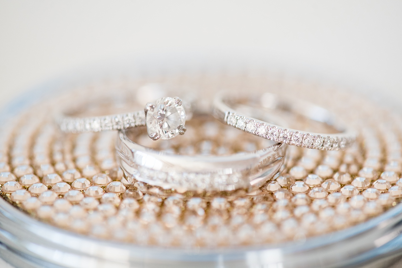 Mikkel Paige Photography photos of a small wedding at The Stockroom at 230 in downtown Raleigh, North Carolina. Detail image of the white gold diamond rings.