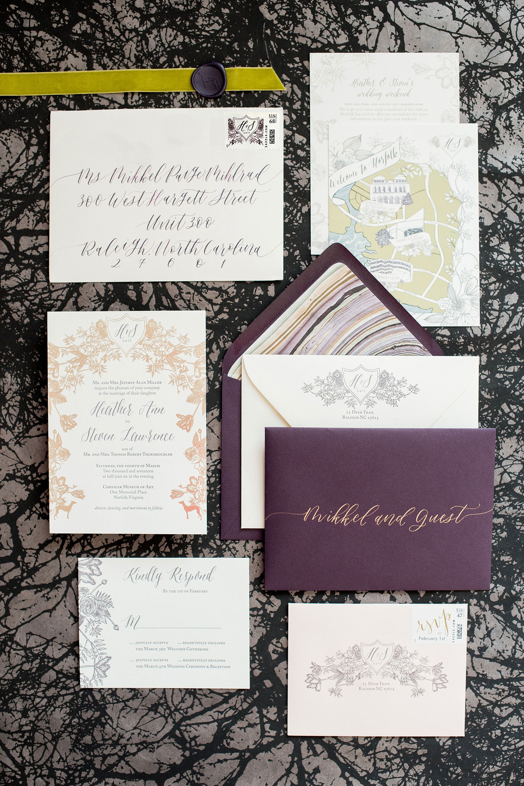 Mikkel Paige Photography image of a wedding invitation suite in purple, grey and copper by One and Only Paper. Calligraphy by Quietude Co in Raleigh, NC. Velvet yellow-green chartreuse ribbon and custom wax seals with the couples greyhound dog were included. The envelope liner was agate gem marble inspired.