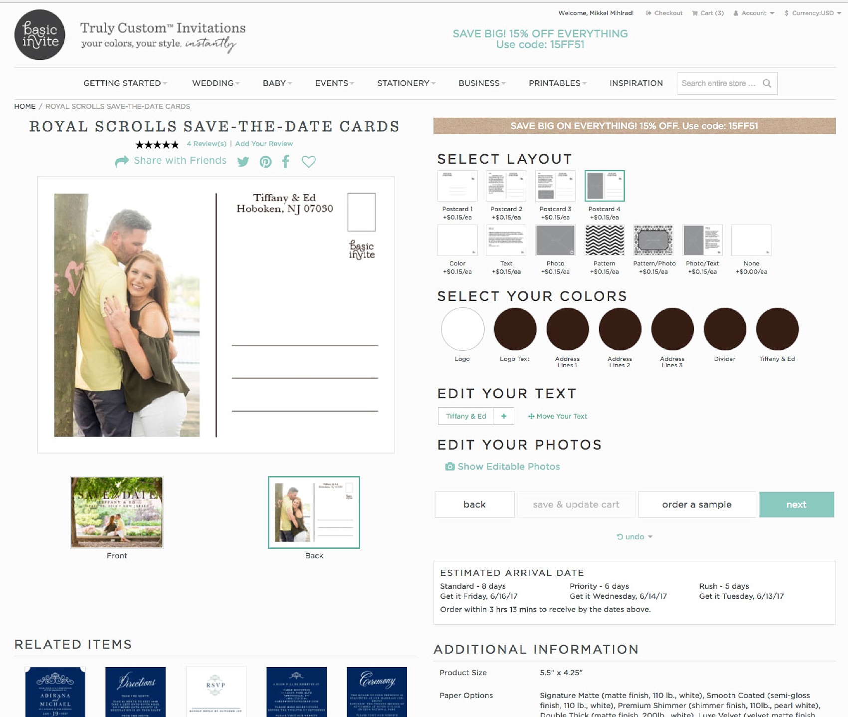 Mikkel Paige Photography images of Save the Date ideas, using Basic Invites online stationery boutique. Screenshot of the ordering process.