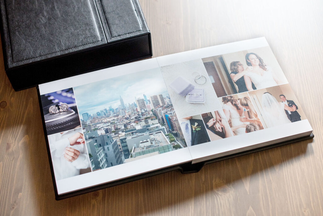 Black leather wedding album by Mikkel Paige Photography of an event at Tribeca Rooftop in NYC.