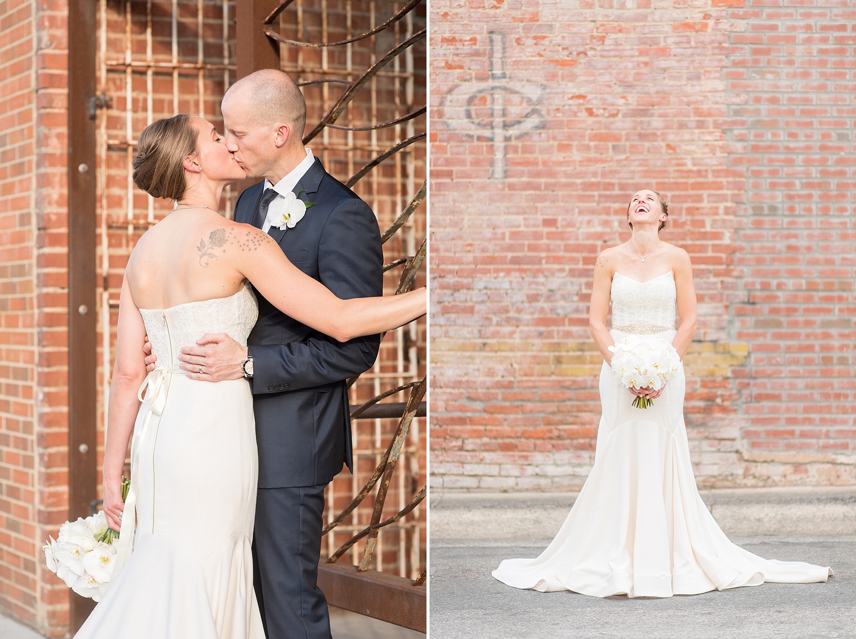 The Cookery Durham wedding photos by Mikkel Paige Photography. Picture of the bride laughing in her strapless wedding gown and white orchid bouquet against an urban, vintage painted wall.