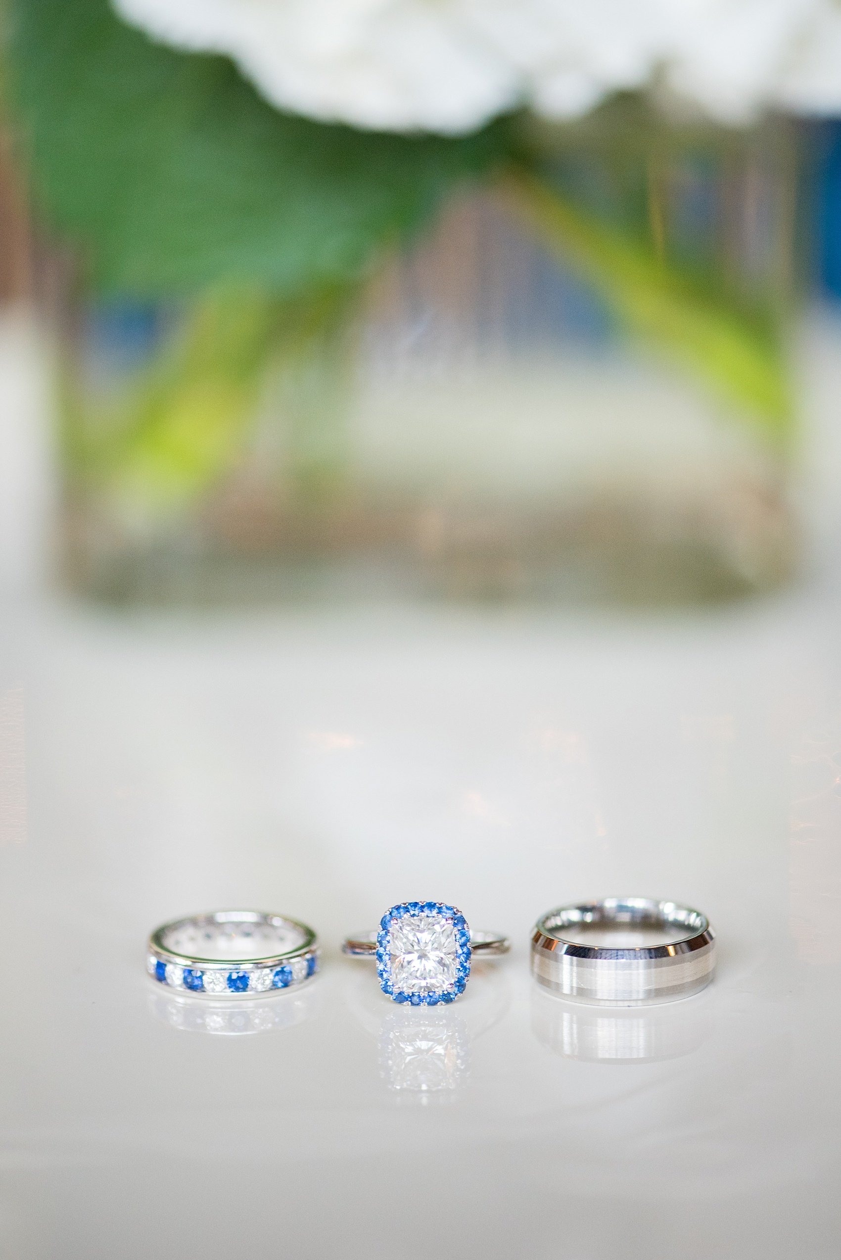 The Cookery Durham wedding photos by Mikkel Paige Photography. Picture of the bride and groom's white gold, diamond and sapphire bands and engagement ring.