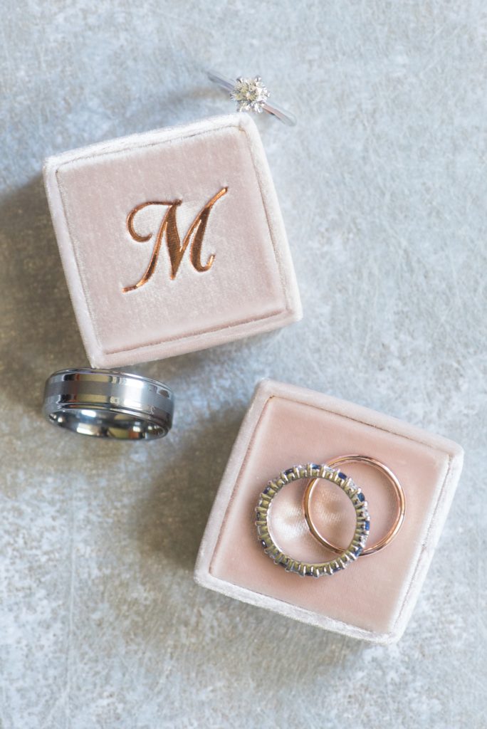 Mikkel Paige Photography wedding photos at The Fox Hollow, NY. Mrs. Box for rings with detail picture of sapphire and diamond band and "M" monogram initial.