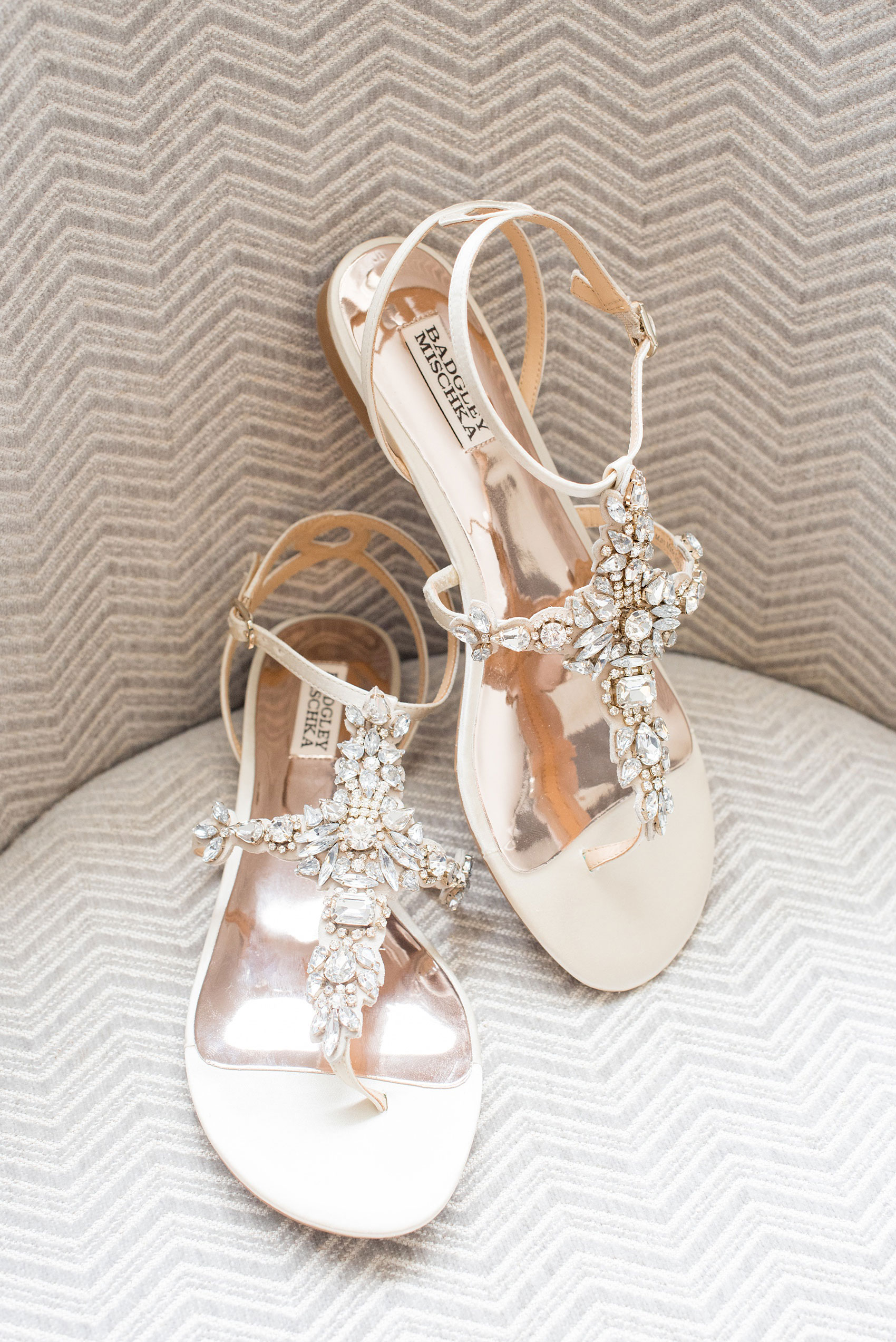 Pavilion at Angus Barn wedding photos by Mikkel Paige Photography. Detail picture of the bride's rhinestone Badgley Mischka formal bridal sandals.
