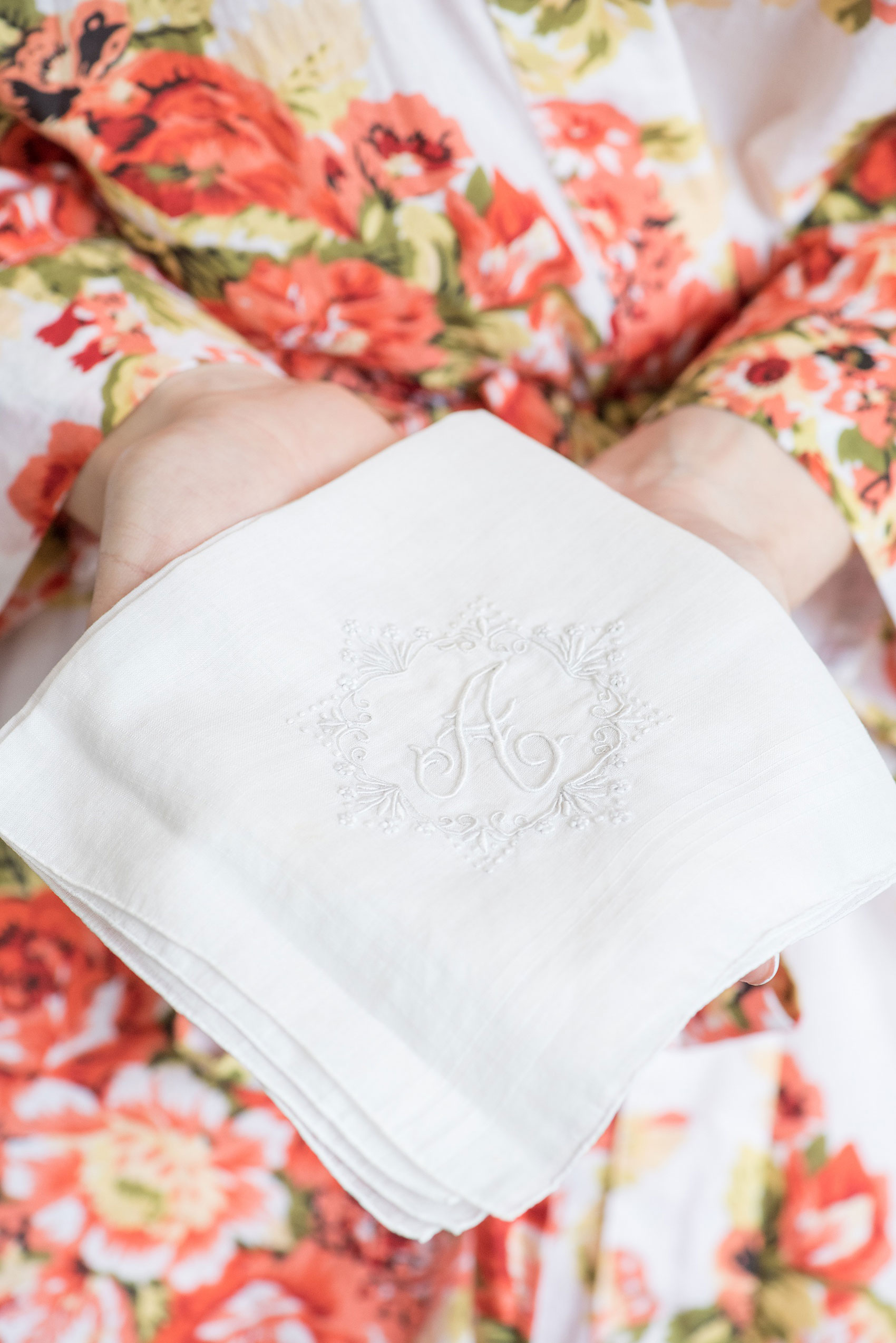 Pavilion at Angus Barn wedding photos by Mikkel Paige Photography. Detail picture of the bride's great grandmother's heirloom monogrammed handkerchief.