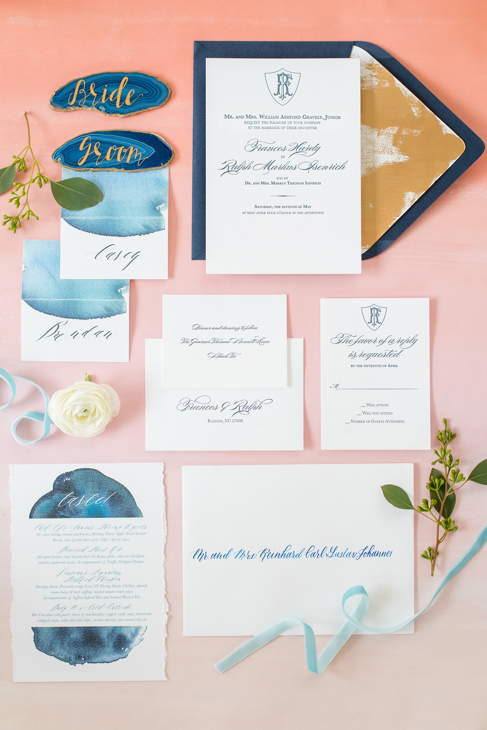 The Glass Box Raleigh wedding photos by Mikkel Paige Photography. Invitation and stationery suite photos of blue watercolor and custom calligraphy.