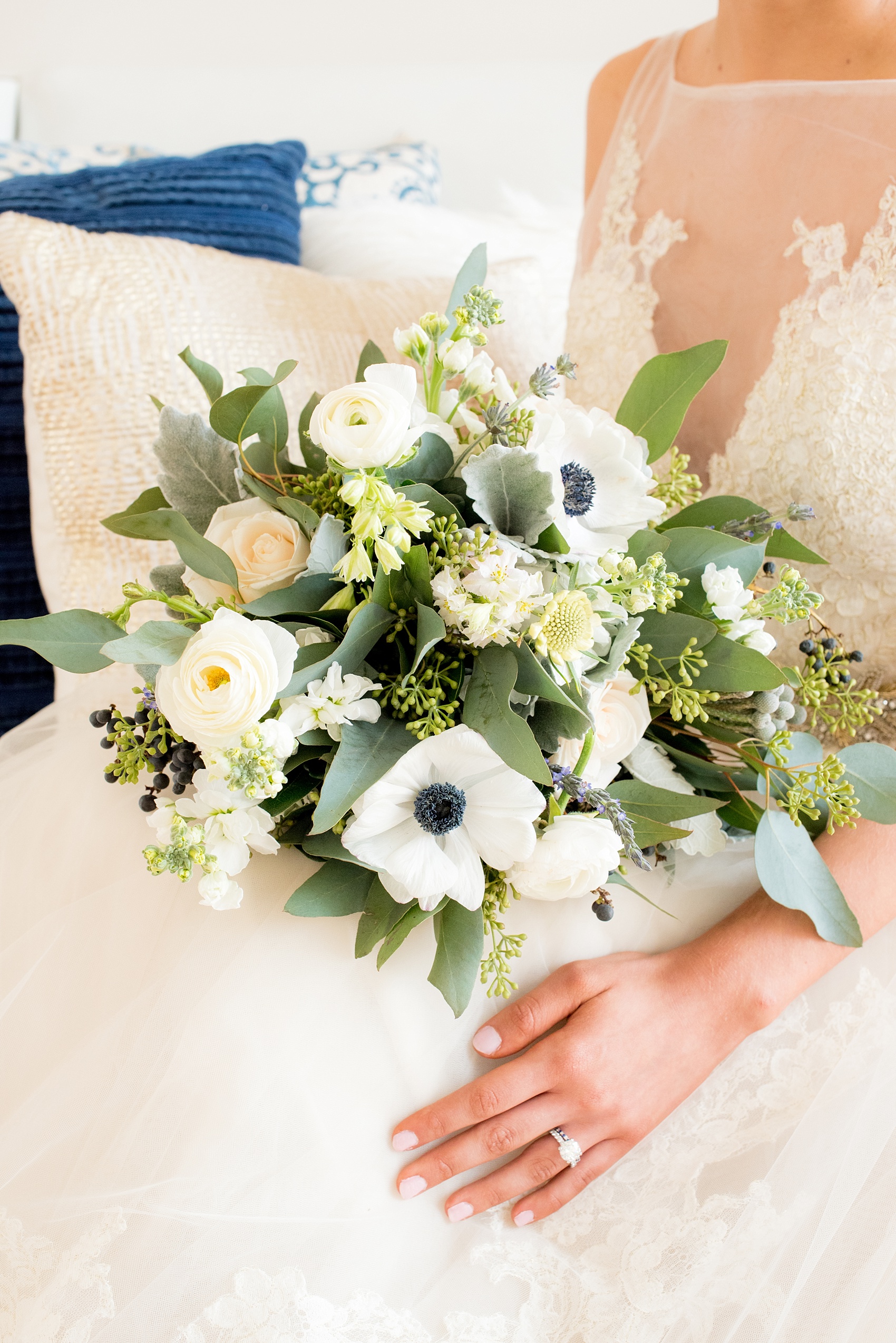 The Glass Box Raleigh wedding photos by Mikkel Paige Photography. Picture of the bride's bouquet of eucalyptus, lavender and anemones.