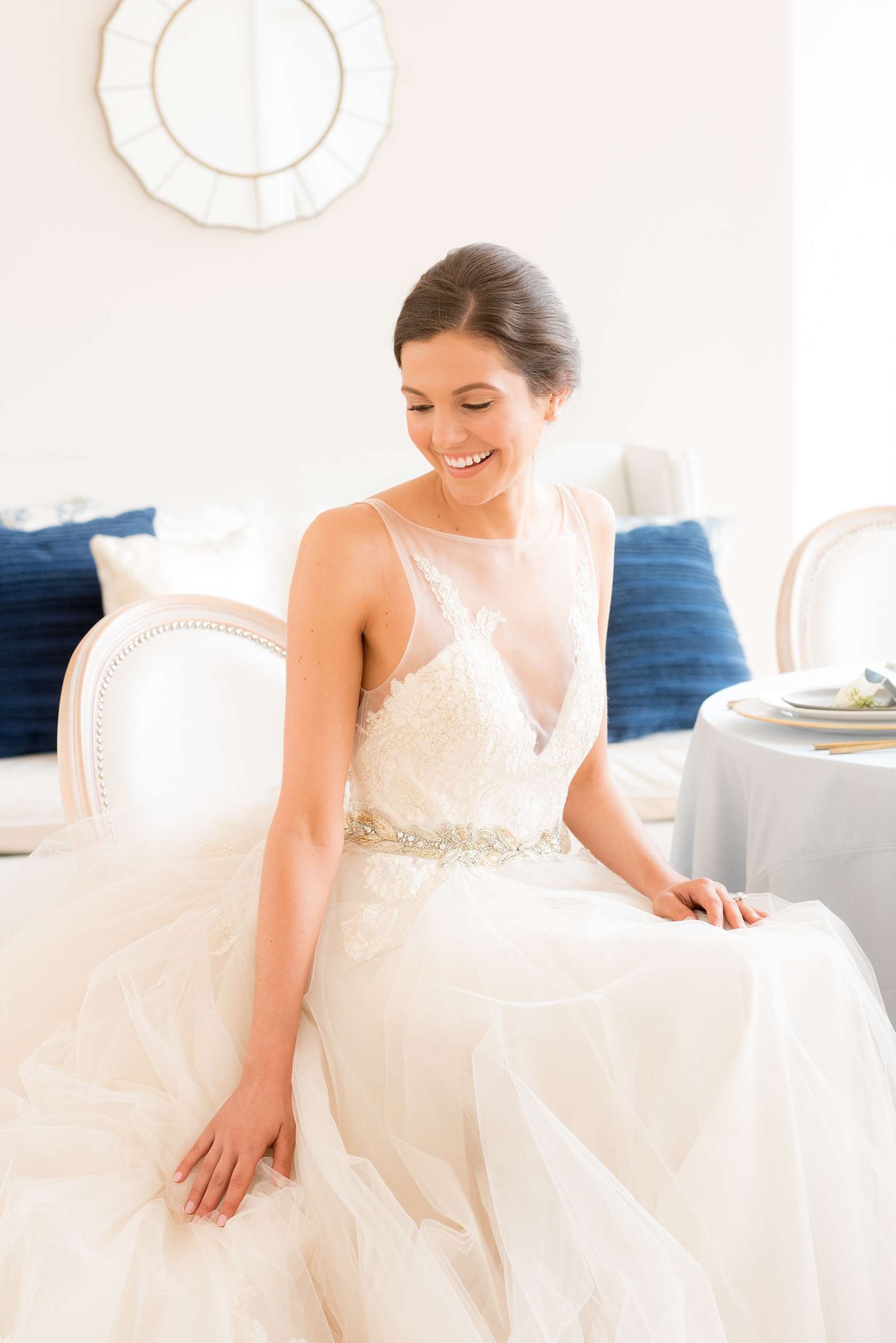 The Glass Box Raleigh wedding photos by Mikkel Paige Photography. Picture of the bride in a Lazaro gown in this modern downtown venue.