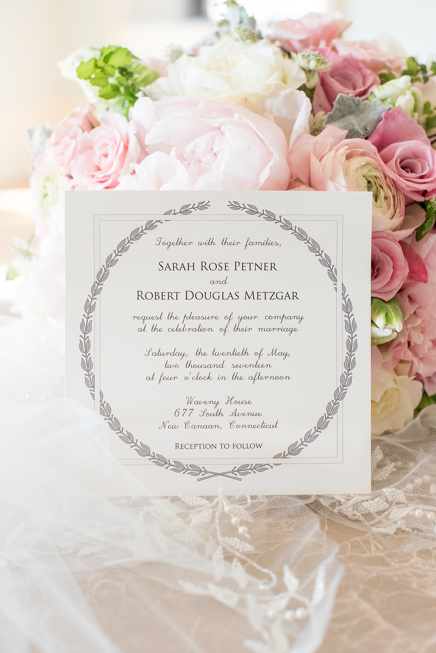 Waveny House wedding photos in Connecticut by Mikkel Paige Photography. Picture of the classic black and white invitation with laurel wreath.