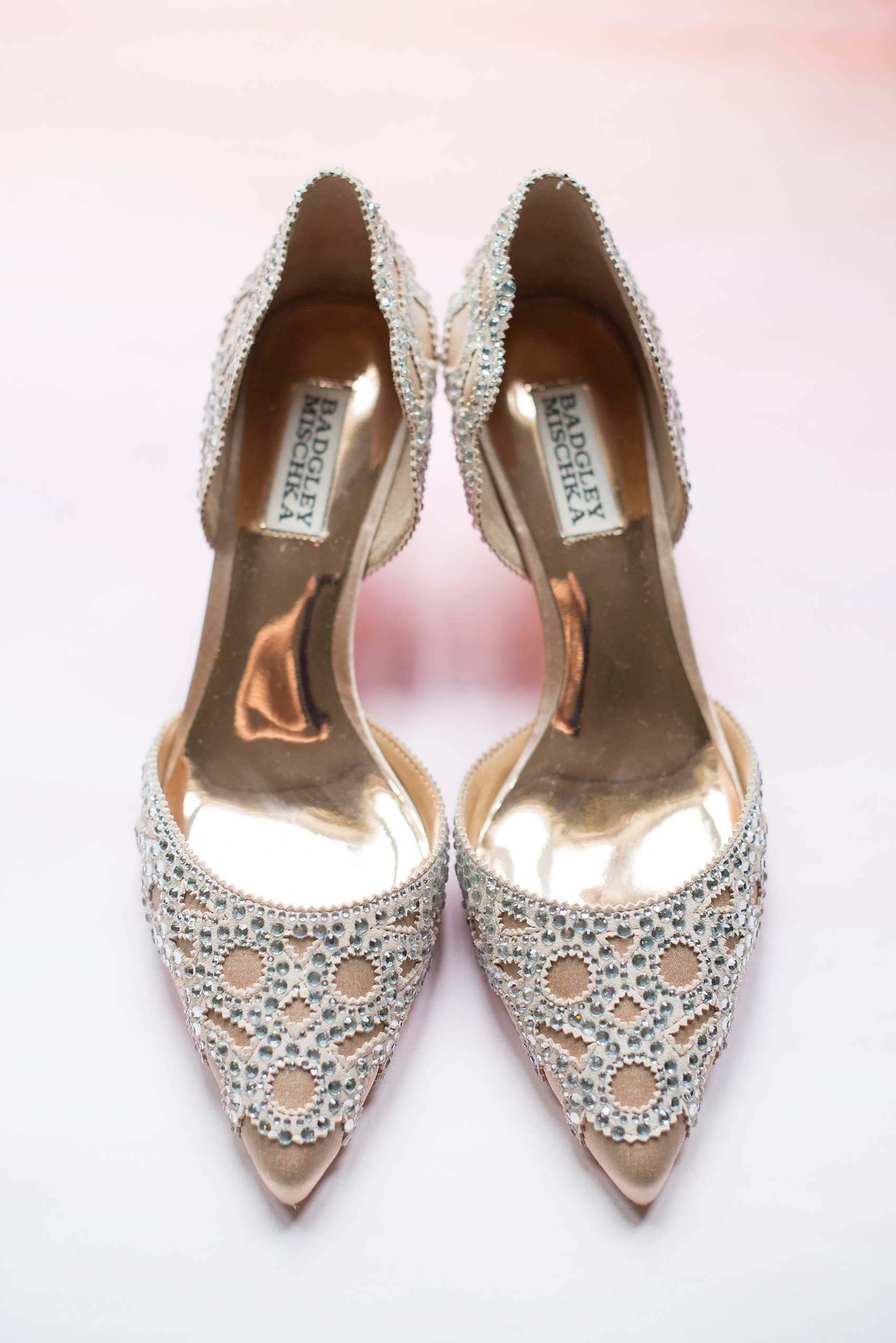 Waveny House wedding photos in Connecticut by Mikkel Paige Photography. Picture of the bride's low heel tan rhinestone Badgley Mischka shoes.