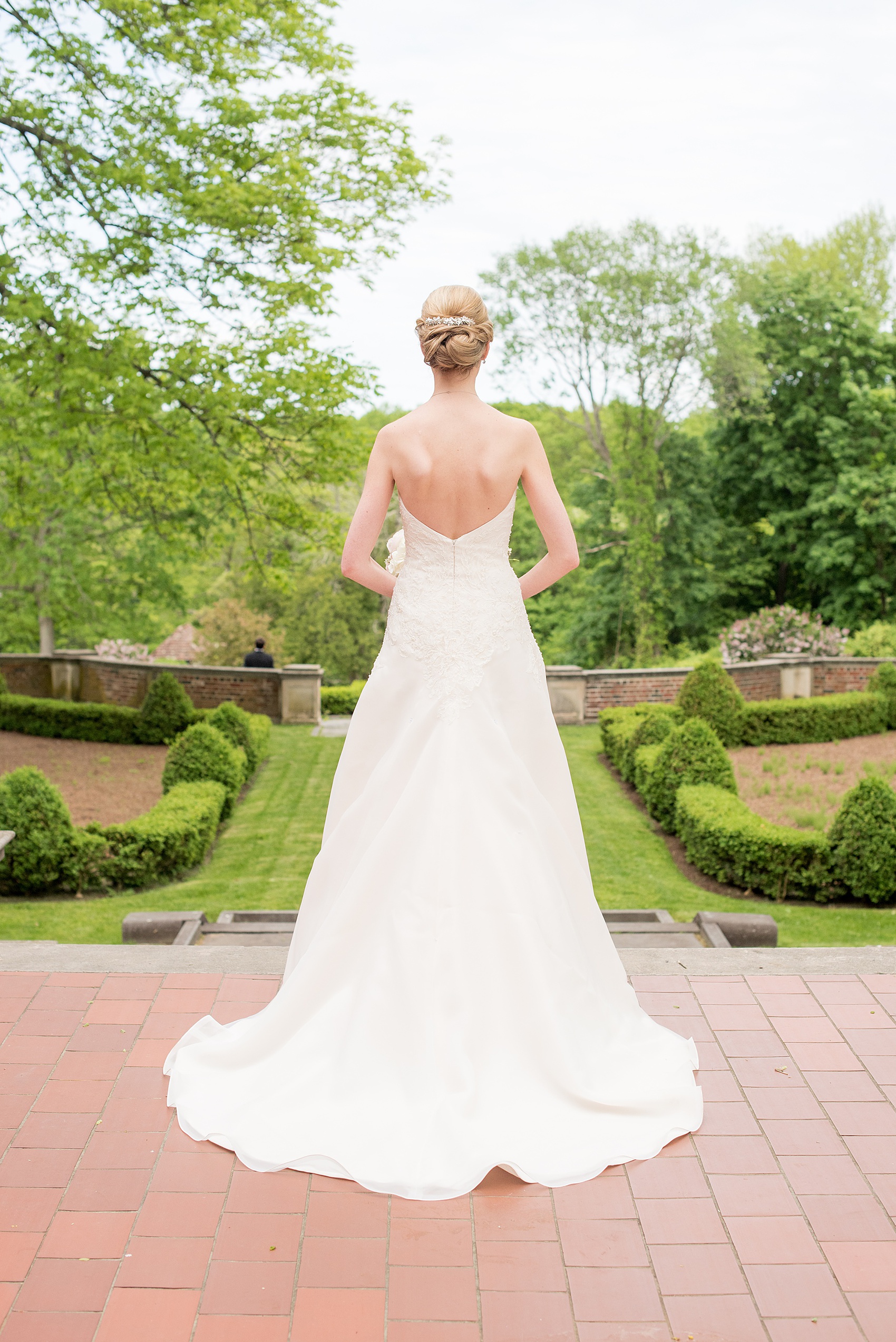 Waveny House wedding photos in Connecticut by Mikkel Paige Photography. Picture of the back of the bride's strapless dress train.