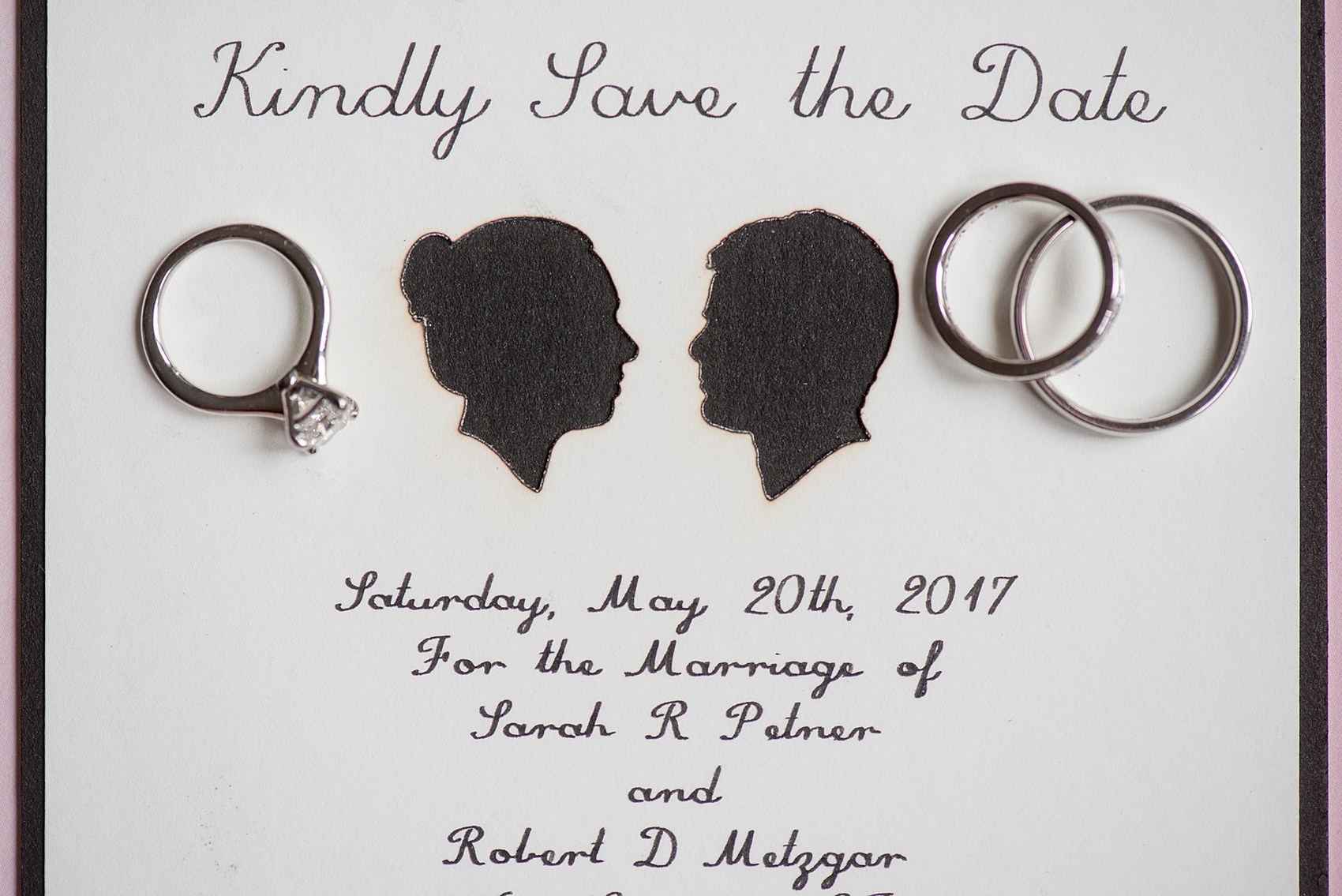 Waveny House wedding photos in Connecticut by Mikkel Paige Photography. Picture of the couples silhouette save the date and rings. 