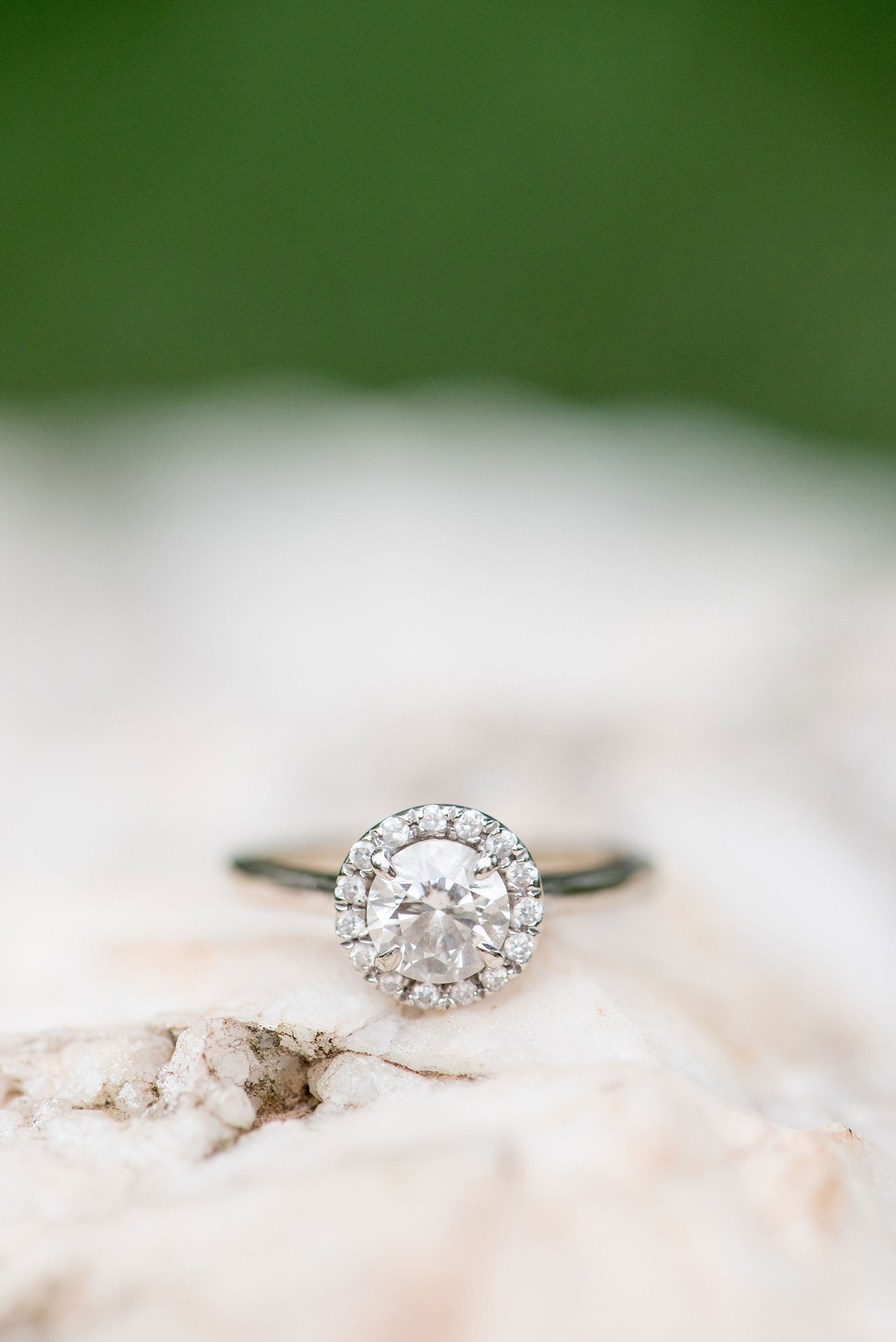 Mikkel Paige Photography photos of an engagement session at Eno Riverwalk in Hillsborough, North Carolina. Detail image of the bride's diamond engagement ring with a round stone and halo setting.