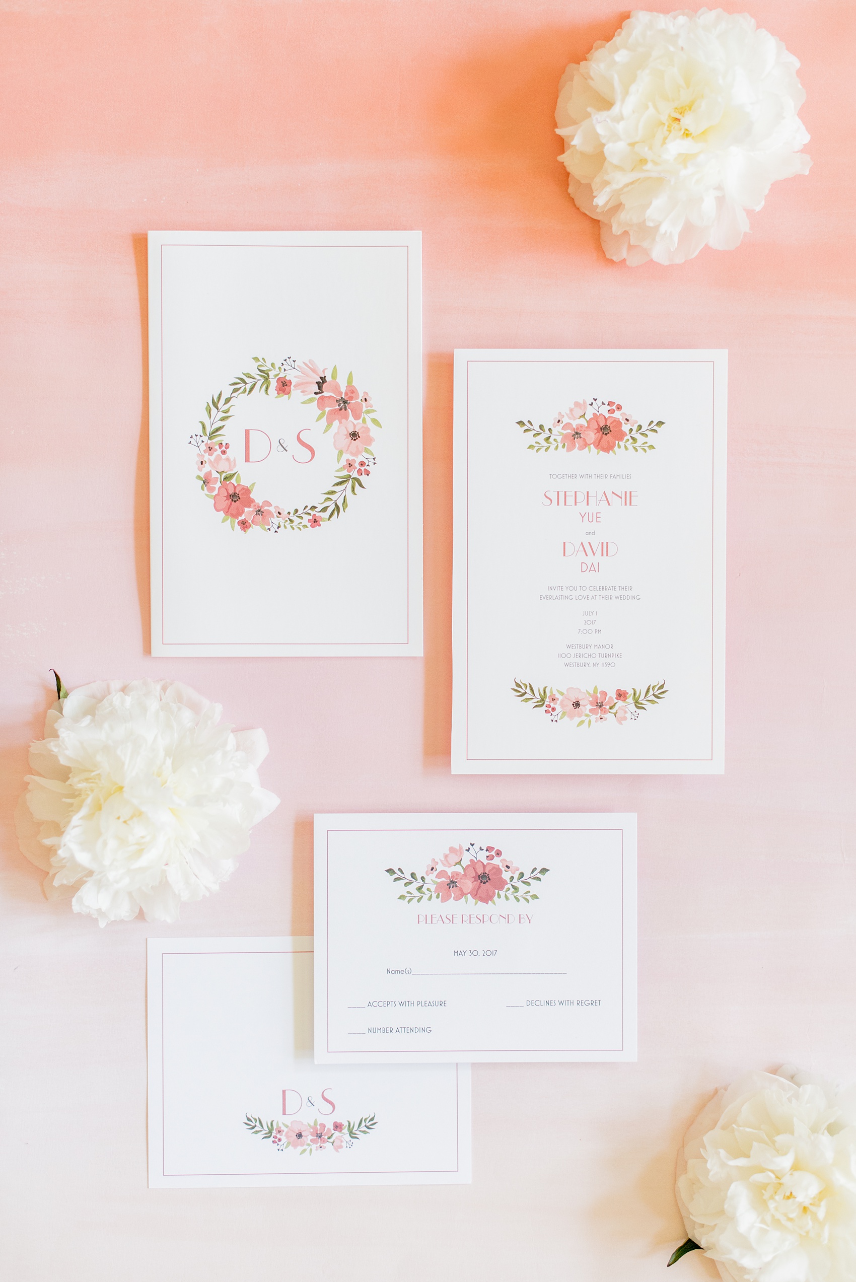 Mikkel Paige Photography pictures of a Westbury Manor wedding on Long Island. Detail photo of a pink floral stationery suite.