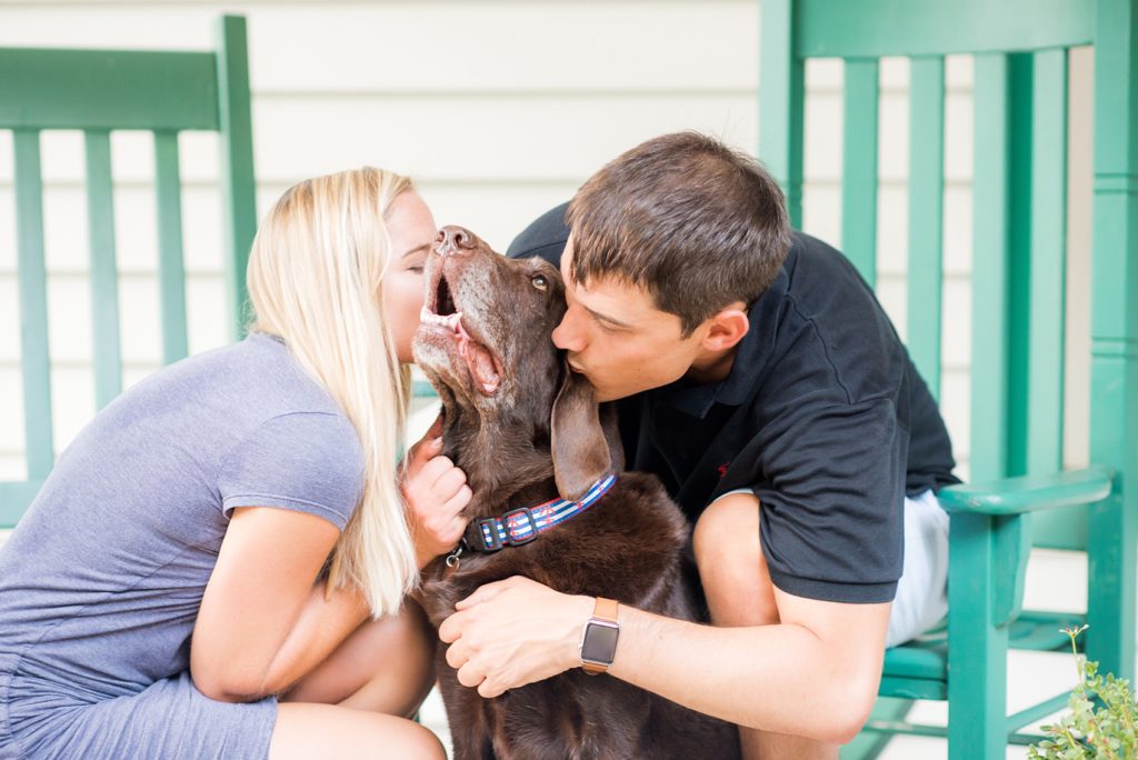 Mikkel Paige Photography pictures of a colorful engagement session in Chapel Hill North Carolina. Photo of the bride and groom with their chocolate lab dog.