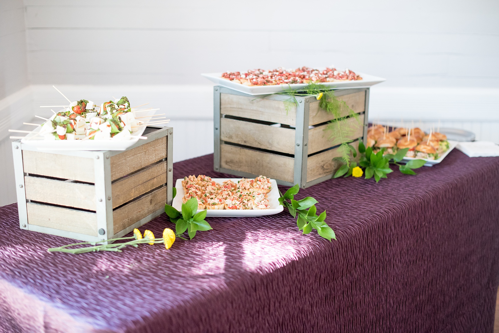 Mikkel Paige Photography pictures of a wedding at Leslie-Alford Mim's House in North Carolina for a Mad Dash Weddings event. Photo of elopement finger food setup from Belle's Catering.