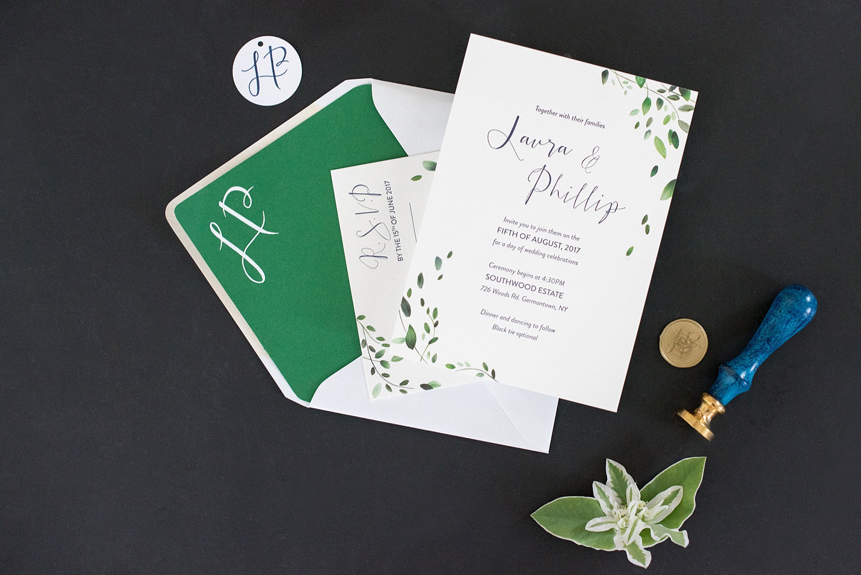 Mikkel Paige Photography photos from a Southwood Estate Wedding in Germantown, New York in the Hudson Valley. Picture of the invitation suite with green and white details.