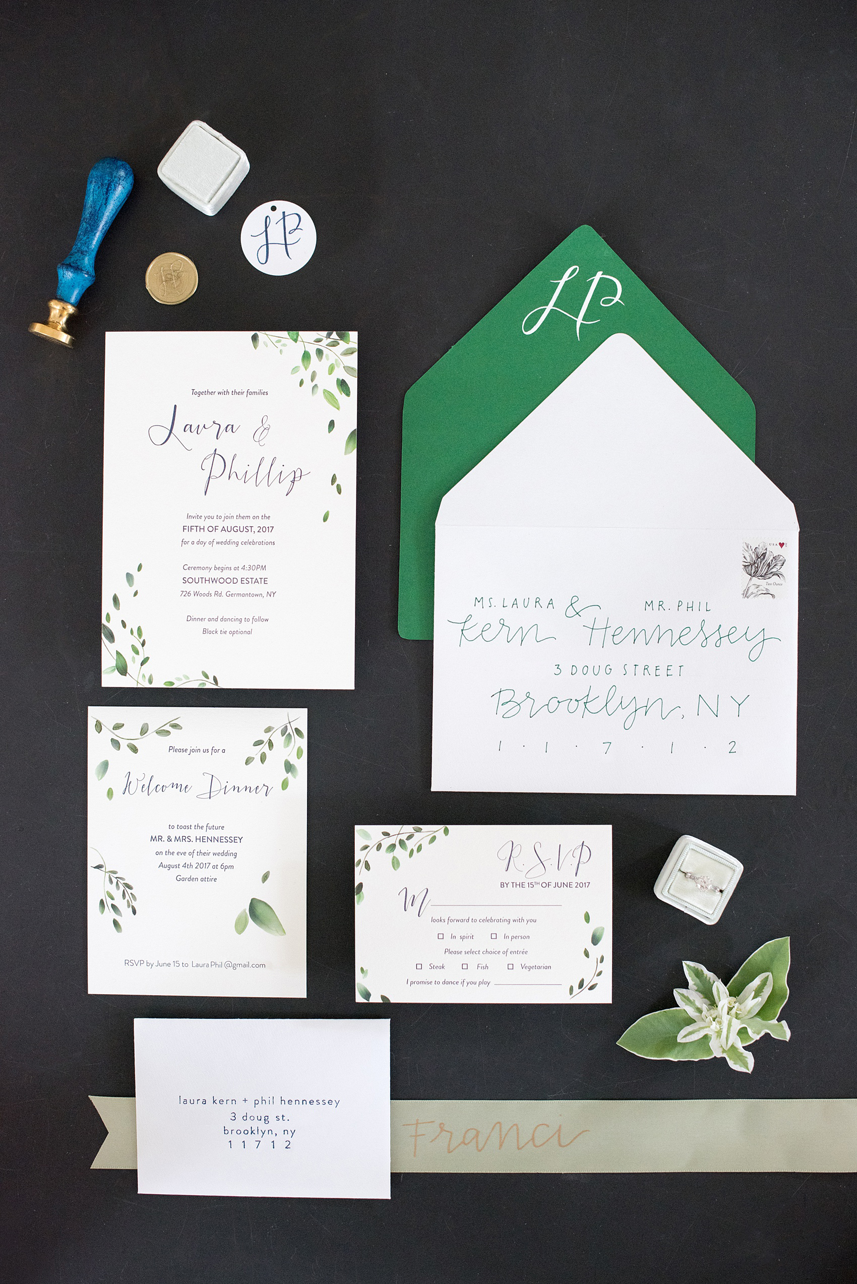 Mikkel Paige Photography photos from a Southwood Estate Wedding in Germantown, New York in the Hudson Valley. Picture of the invitation suite with green and white details.