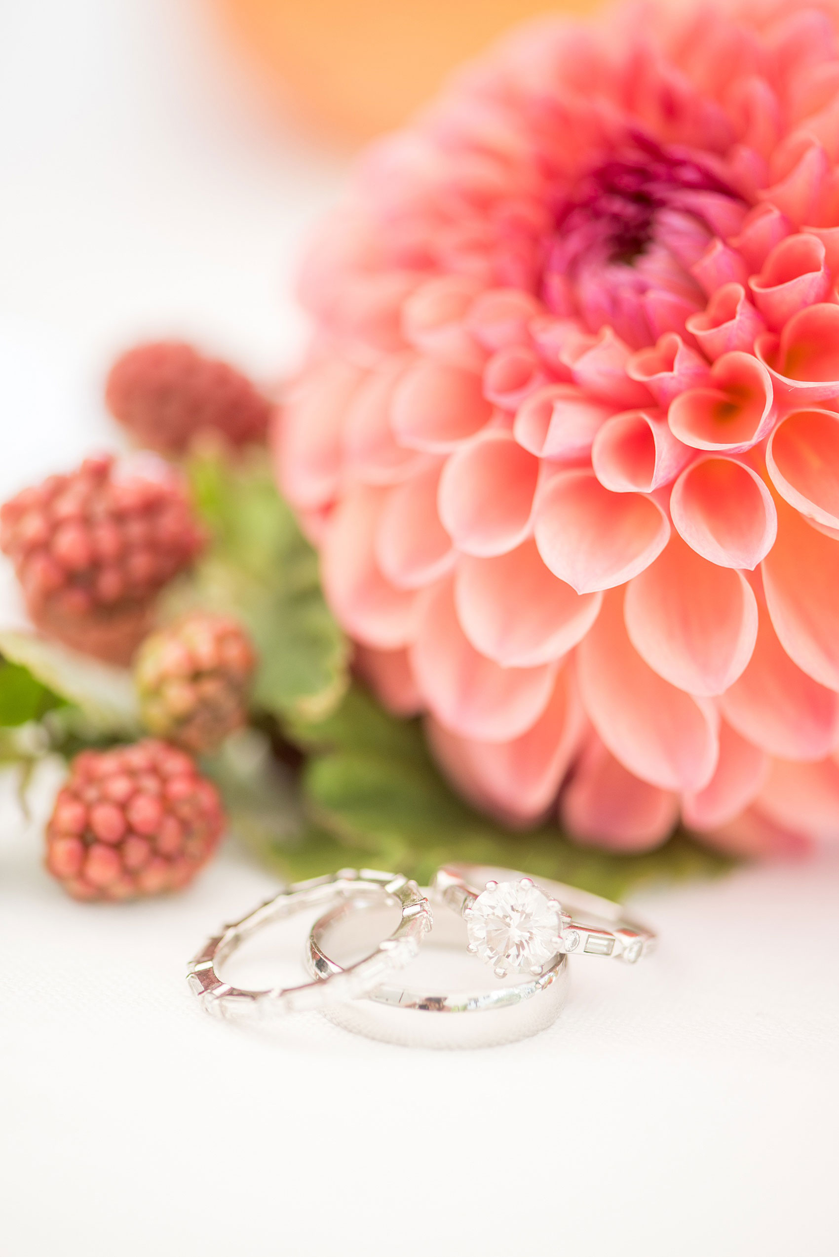 Mikkel Paige Photography photos from a Southwood Estate Wedding in Germantown, New York in the Hudson Valley. Picture of the diamond rings with berries and dahlias.