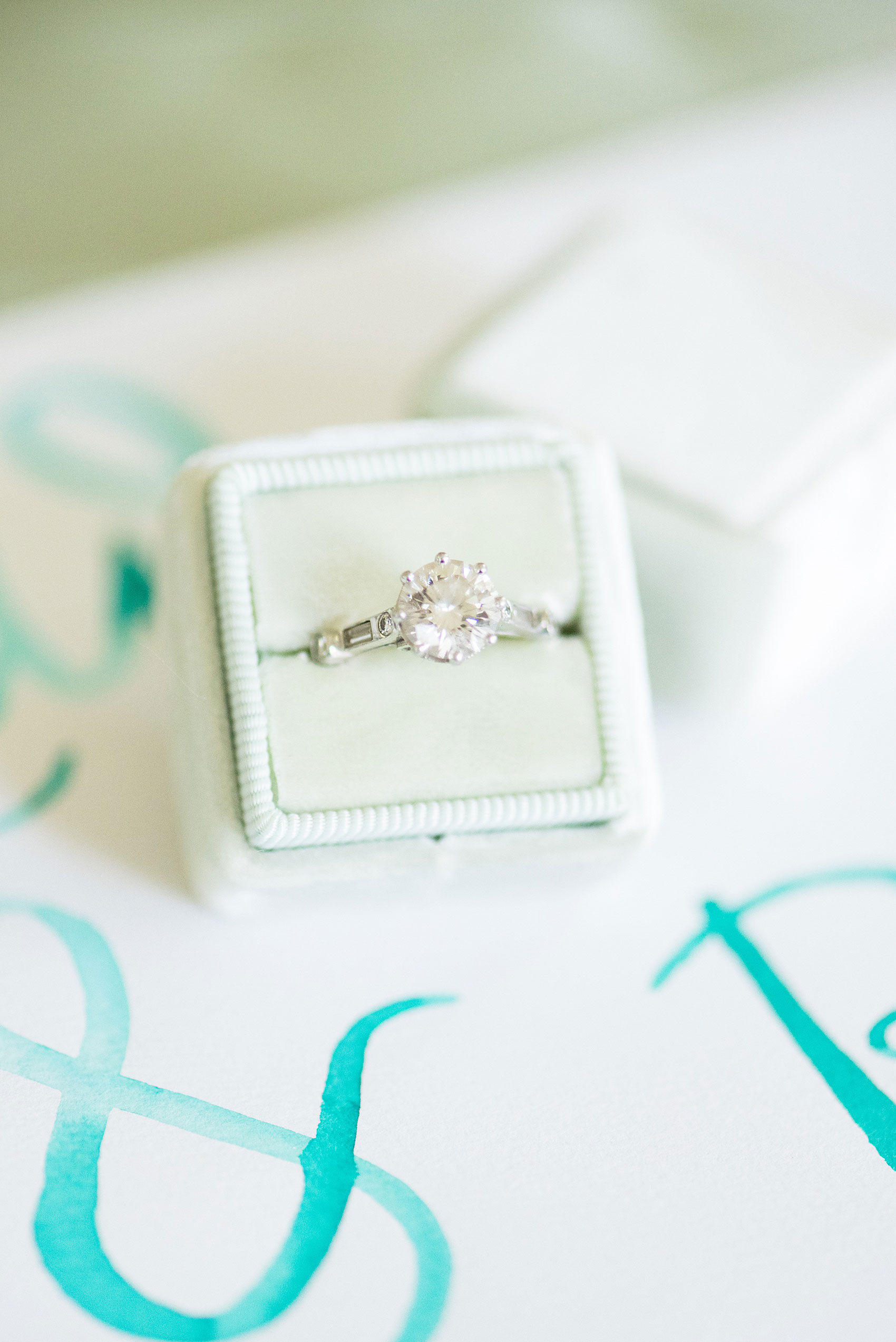 Mikkel Paige Photography photos from a Southwood Estate Wedding in Germantown, New York in the Hudson Valley. Picture of the bride's engagement ring in a mint green Mrs. Box.