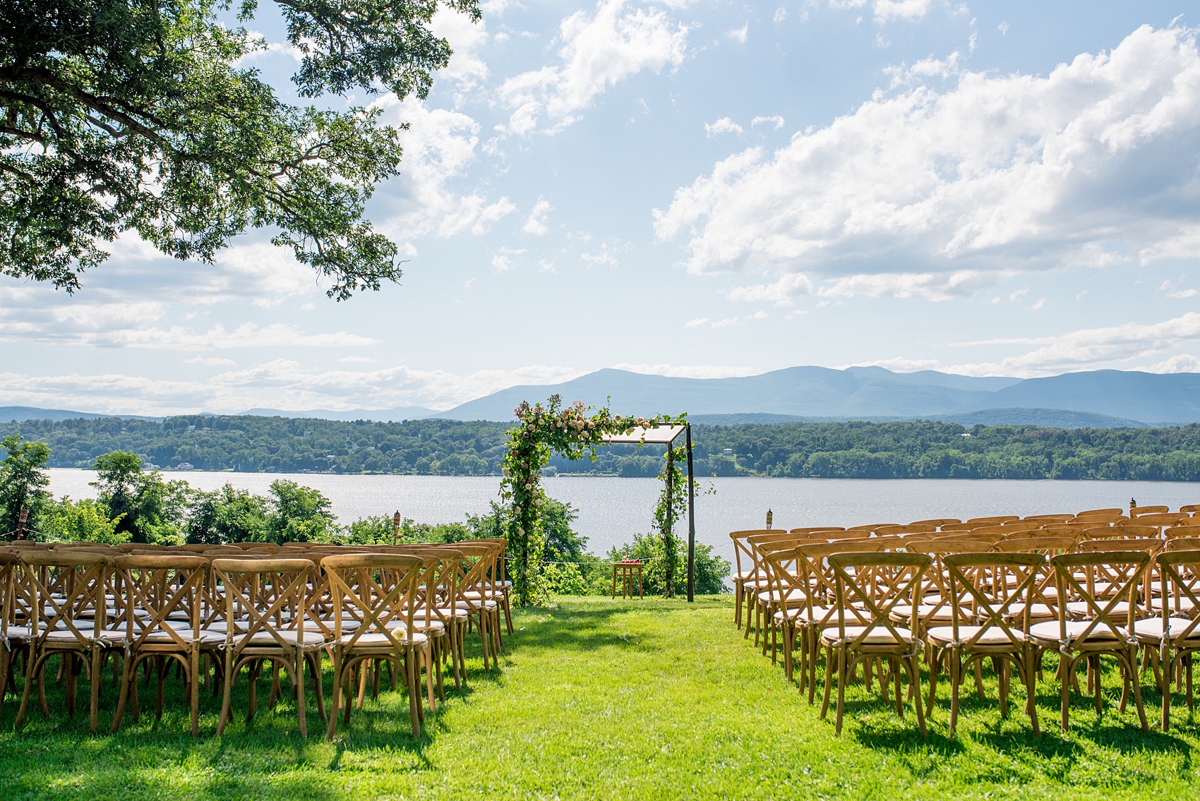 Mikkel Paige Photography photos from a Southwood Estate Wedding in Germantown, New York in the Hudson Valley. Picture of the ceremony setup overlooking the Hudson Valley mountains and river.