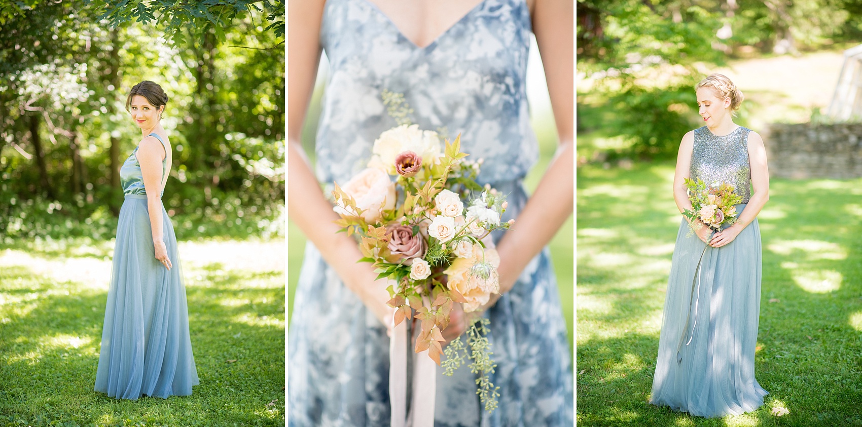 Mikkel Paige Photography photos from a Southwood Estate Wedding in Germantown, New York in the Hudson Valley. Pictures of the bridesmaids in cornflower dusty blue skirts with mismatched tops and colorful flowers.