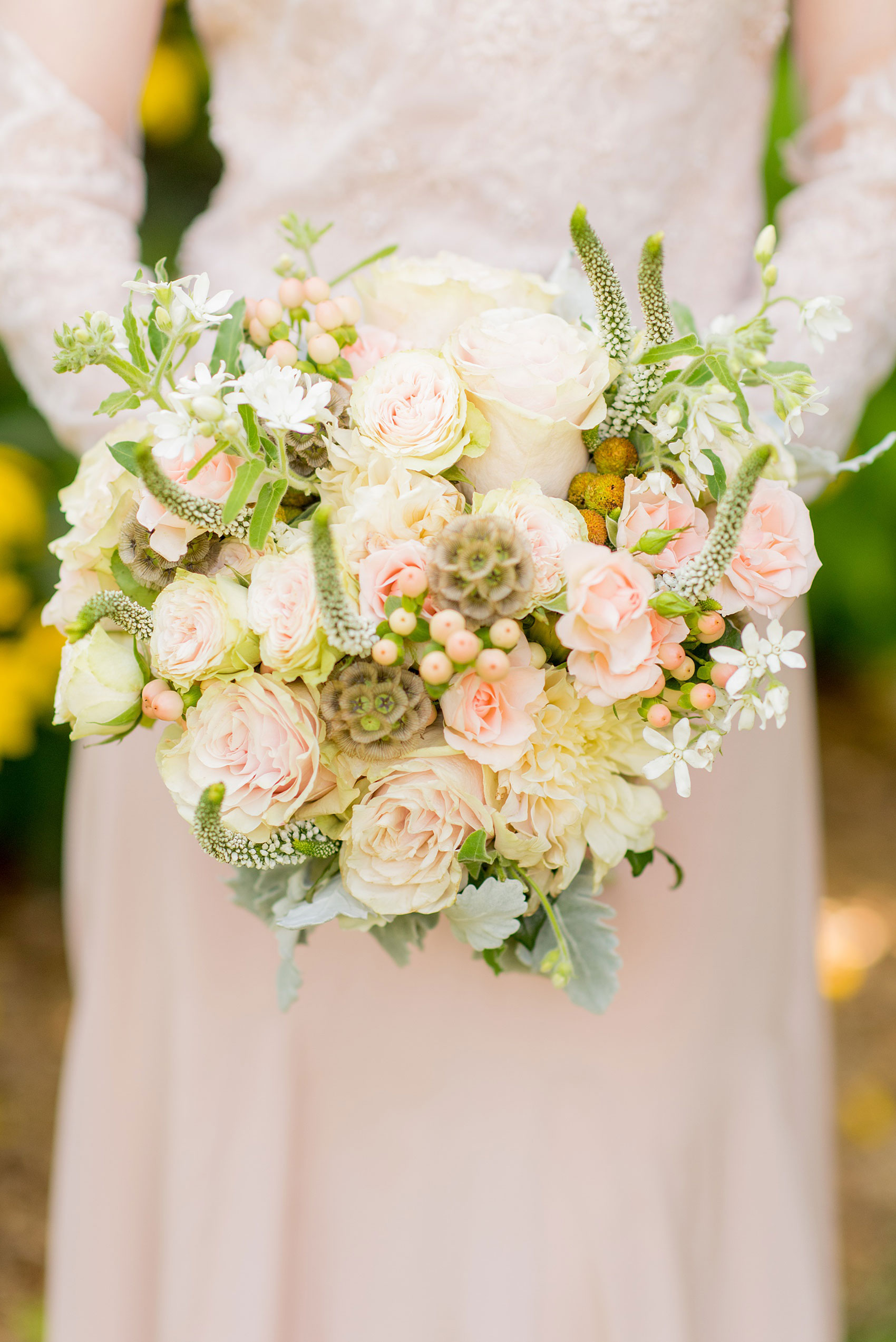 Mikkel Paige Photography photos of a wedding at Crabtree Kittle's House. Picture of the bride holding her bouquet of scabiosa, spray roses, dusty miller and garden roses.