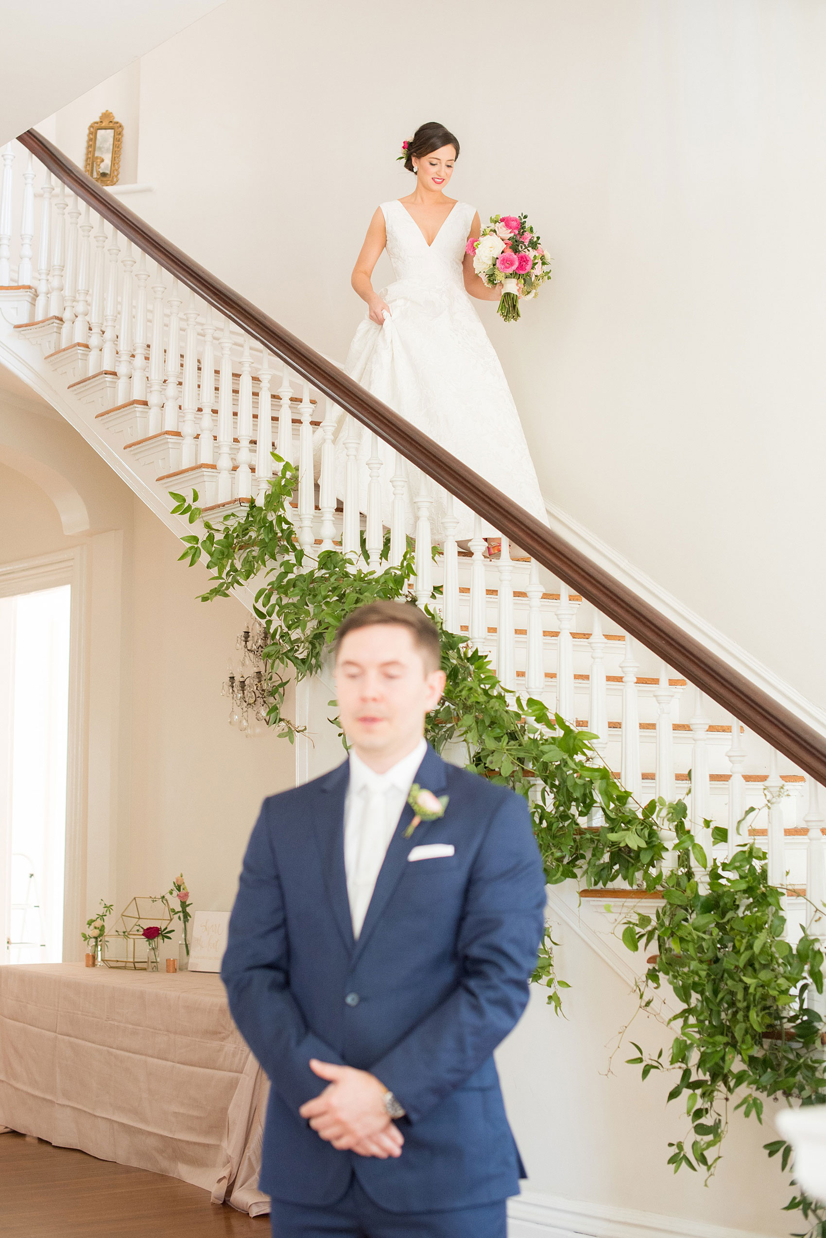 Mikkel Paige Photography pictures from a wedding at Merrimon-Wynne House in Raleigh, NC. Photo of the bride and groom's first look.