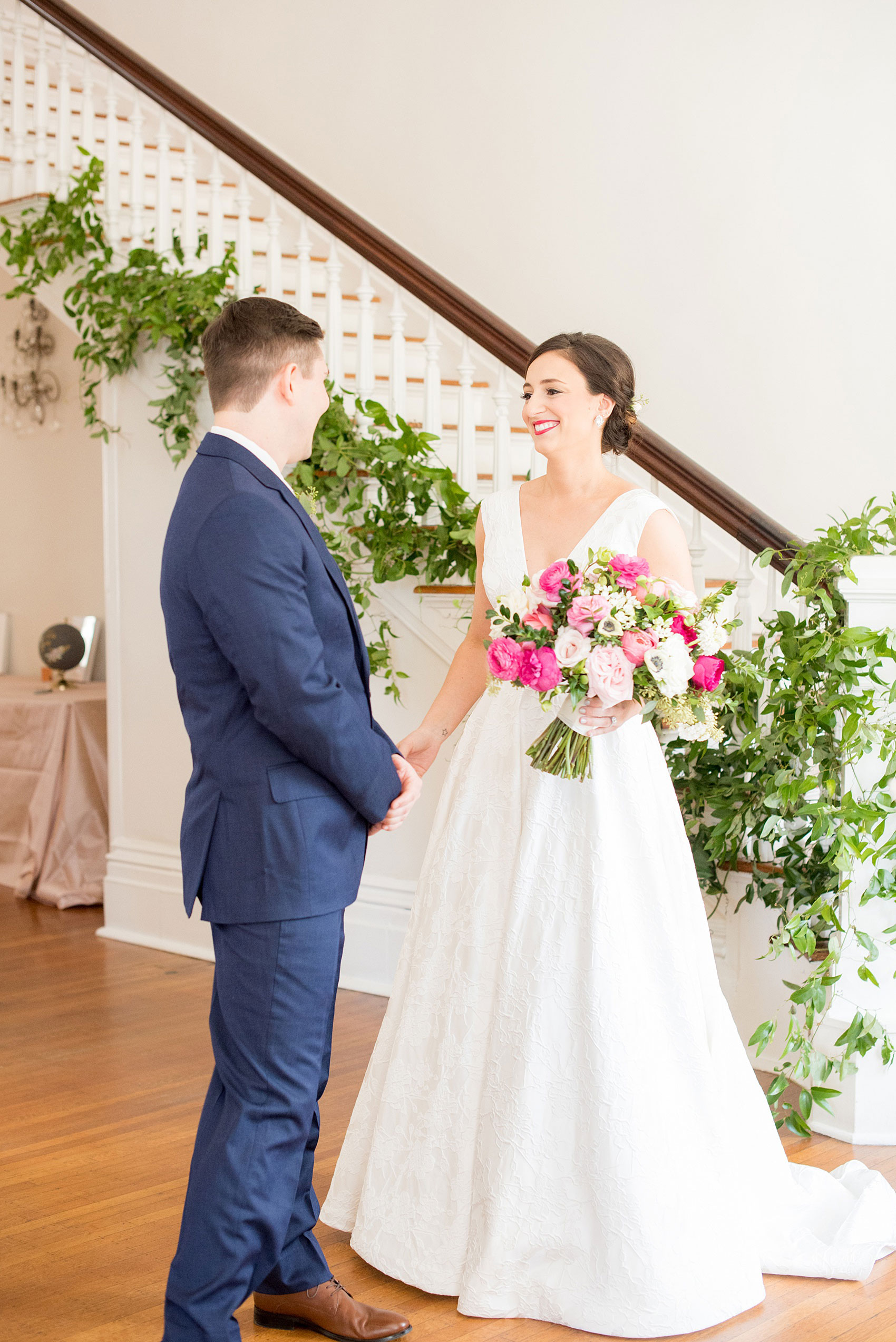 Mikkel Paige Photography pictures from a wedding at Merrimon-Wynne House in Raleigh, NC. Photo of the bride and groom's first look.