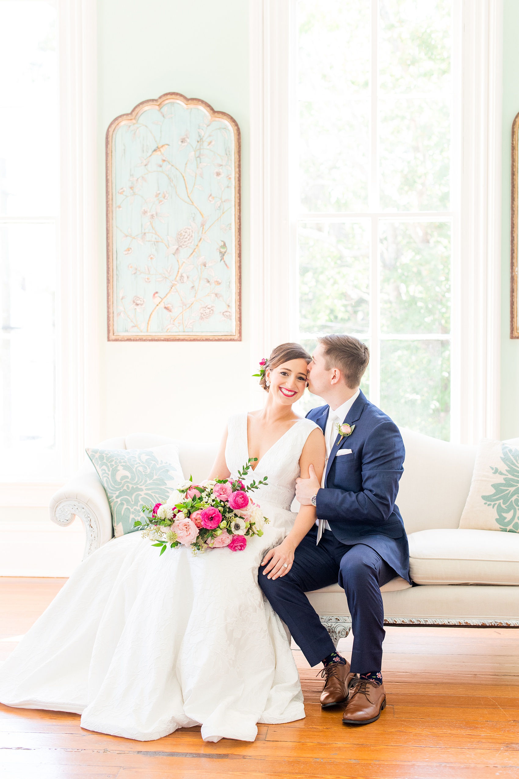 Mikkel Paige Photography pictures from a wedding at Merrimon-Wynne House in Raleigh, NC. Photo of the bride and groom in the bridal suite.