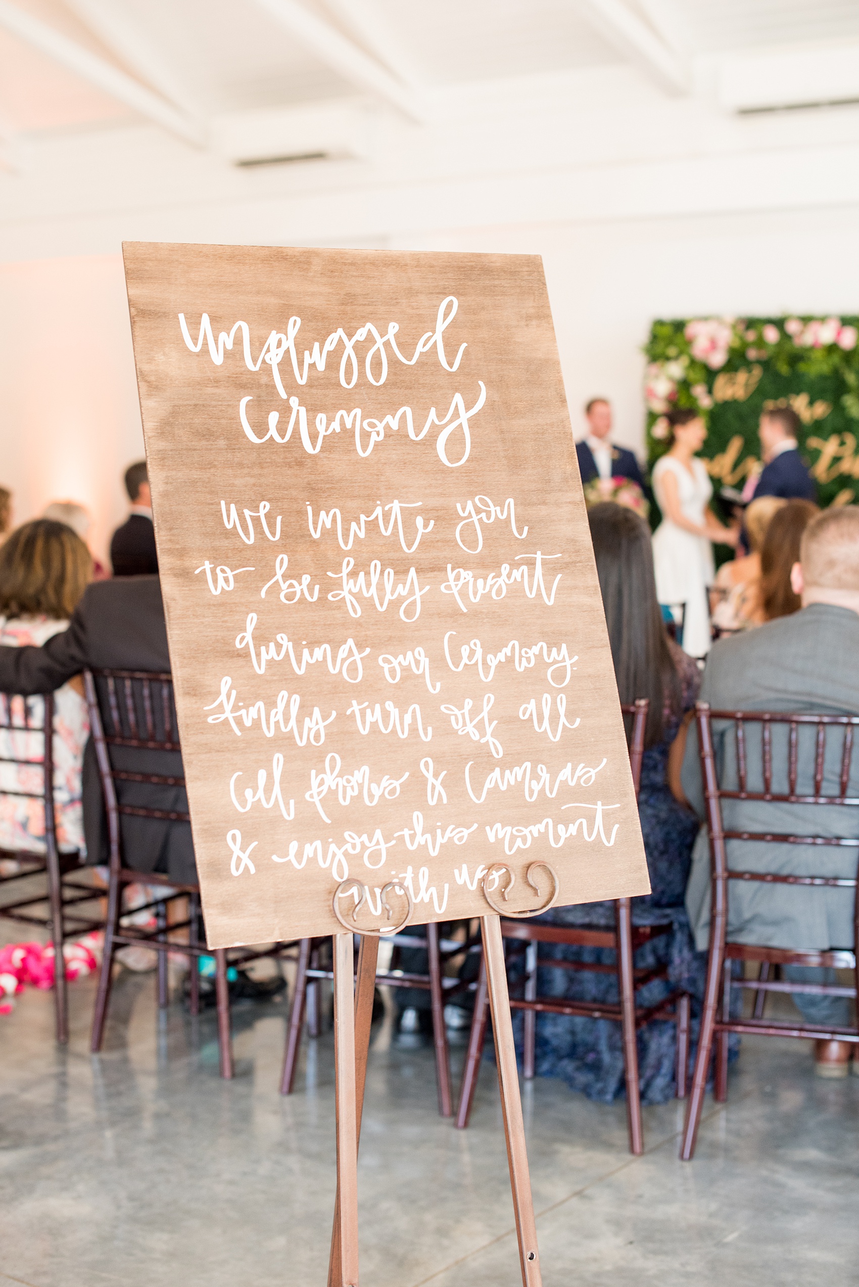 Mikkel Paige Photography pictures from a wedding at Merrimon-Wynne House in Raleigh, NC. Photo of the ceremony unplugged sign.