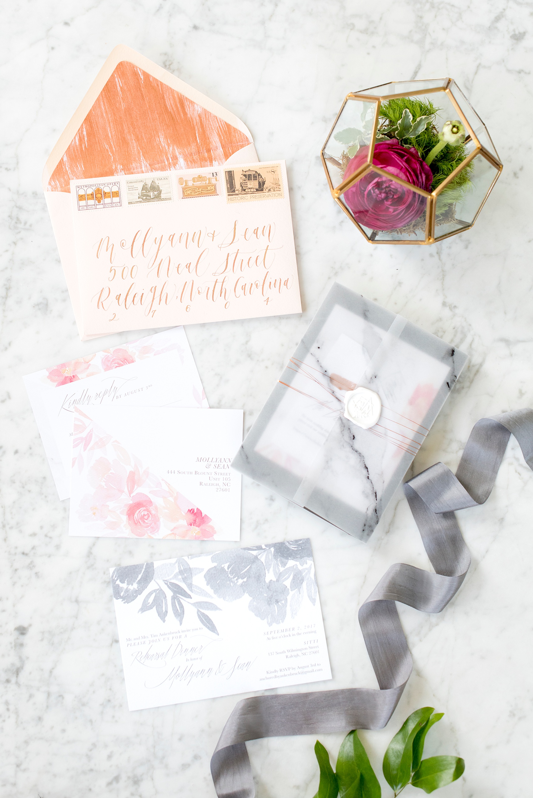 Mikkel Paige Photography pictures from a Merrimon-Wynne House wedding in Raleigh, NC. Photo of their invitation suite. Stationery designed by One and Only Paper. Calligraphy by Quietude Co. Palette of pink, grey, white and marble and floral patterns.