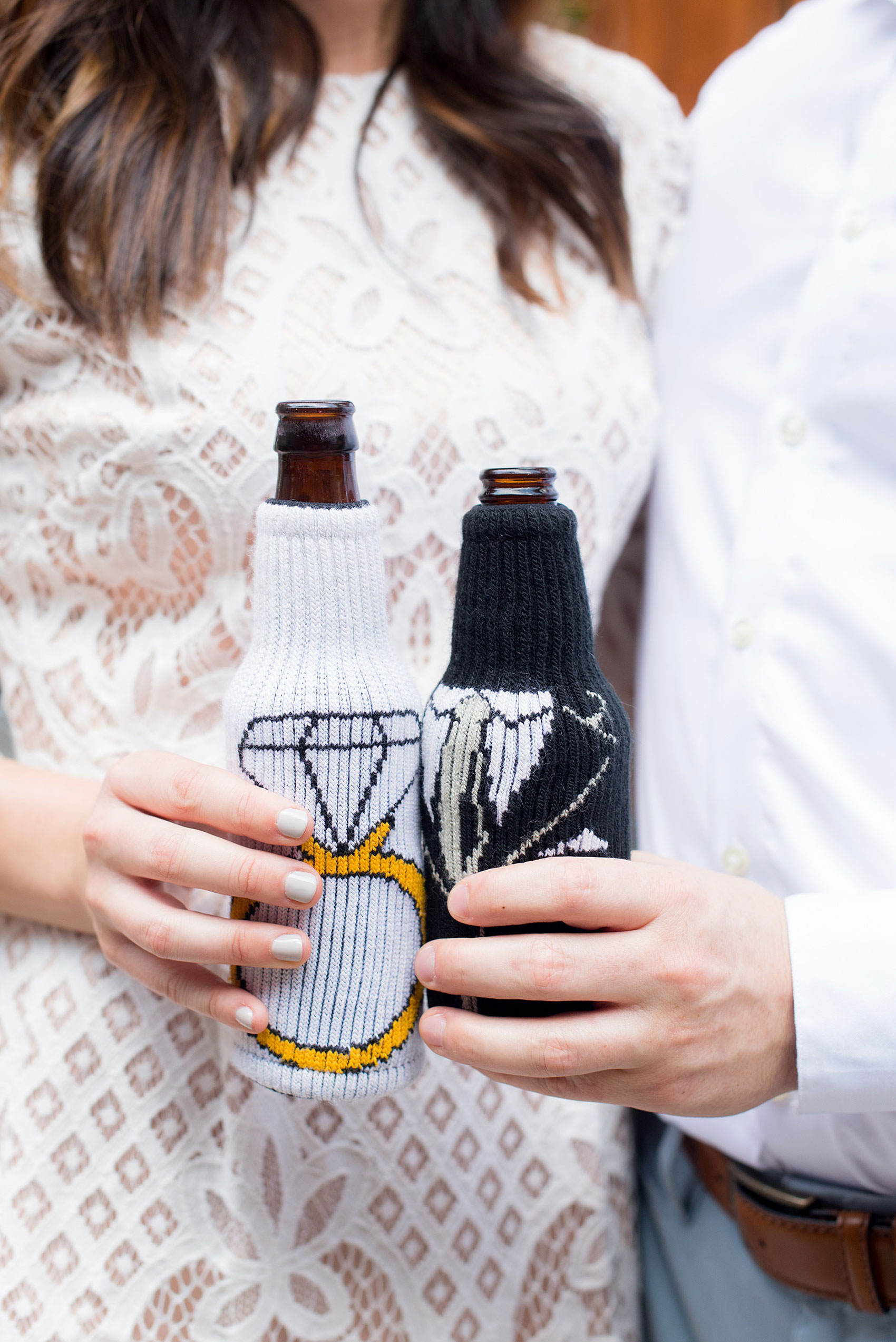 Mikkel Paige Photography photos from a downtown Raleigh wedding rehearsal dinner at Sitti restaurant. Picture of the bride and groom knitted koozies.