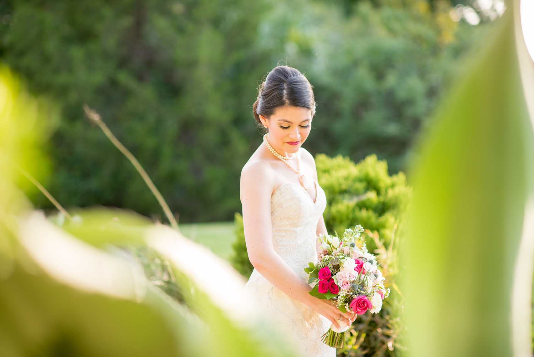 Mikkel Paige Photography photos from a bridal session at Raleigh's JC Raulston Arboretum on North Carolina's NC State campus. Picture of the bride during golden hour with her off-white lace gown.