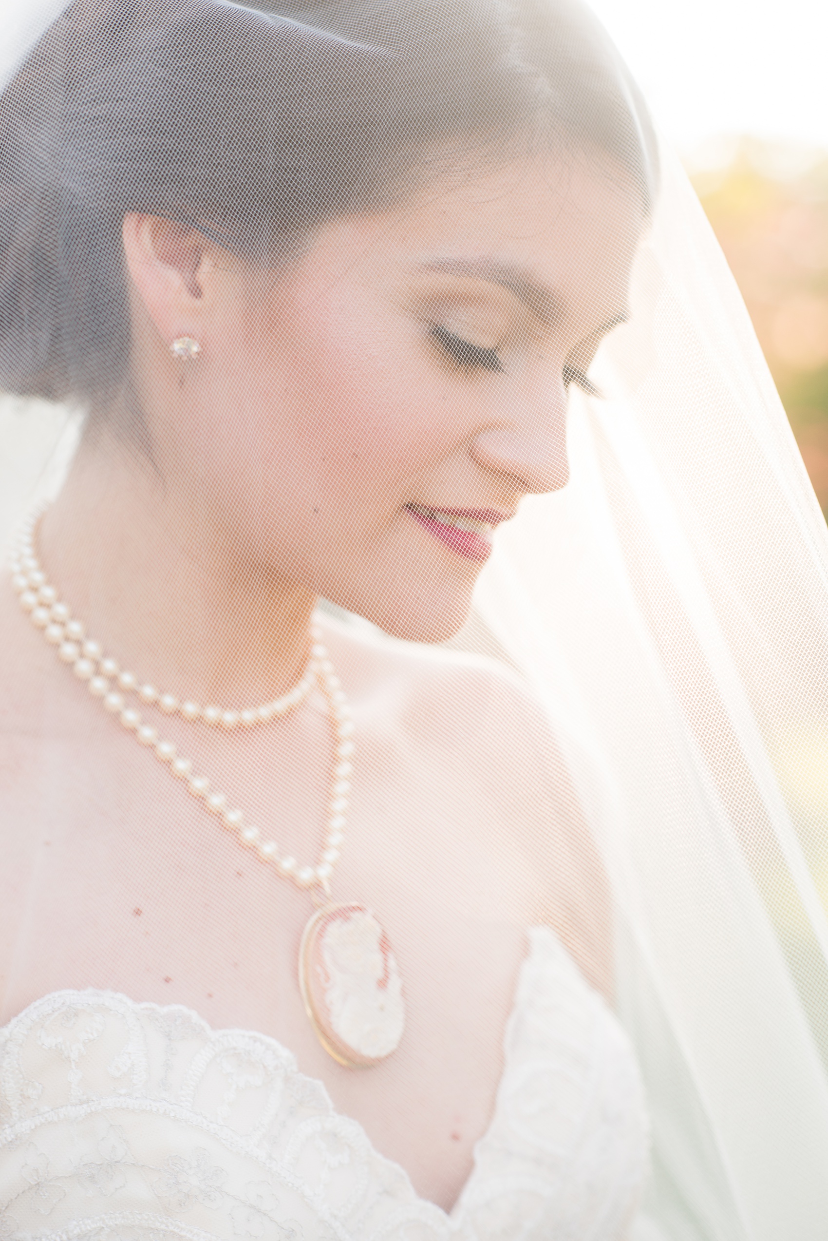 Mikkel Paige Photography photos from a bridal session at Raleigh's JC Raulston Arboretum on North Carolina's NC State campus. Picture of the bride through her veil with an up-do and pearl and cameo necklace.