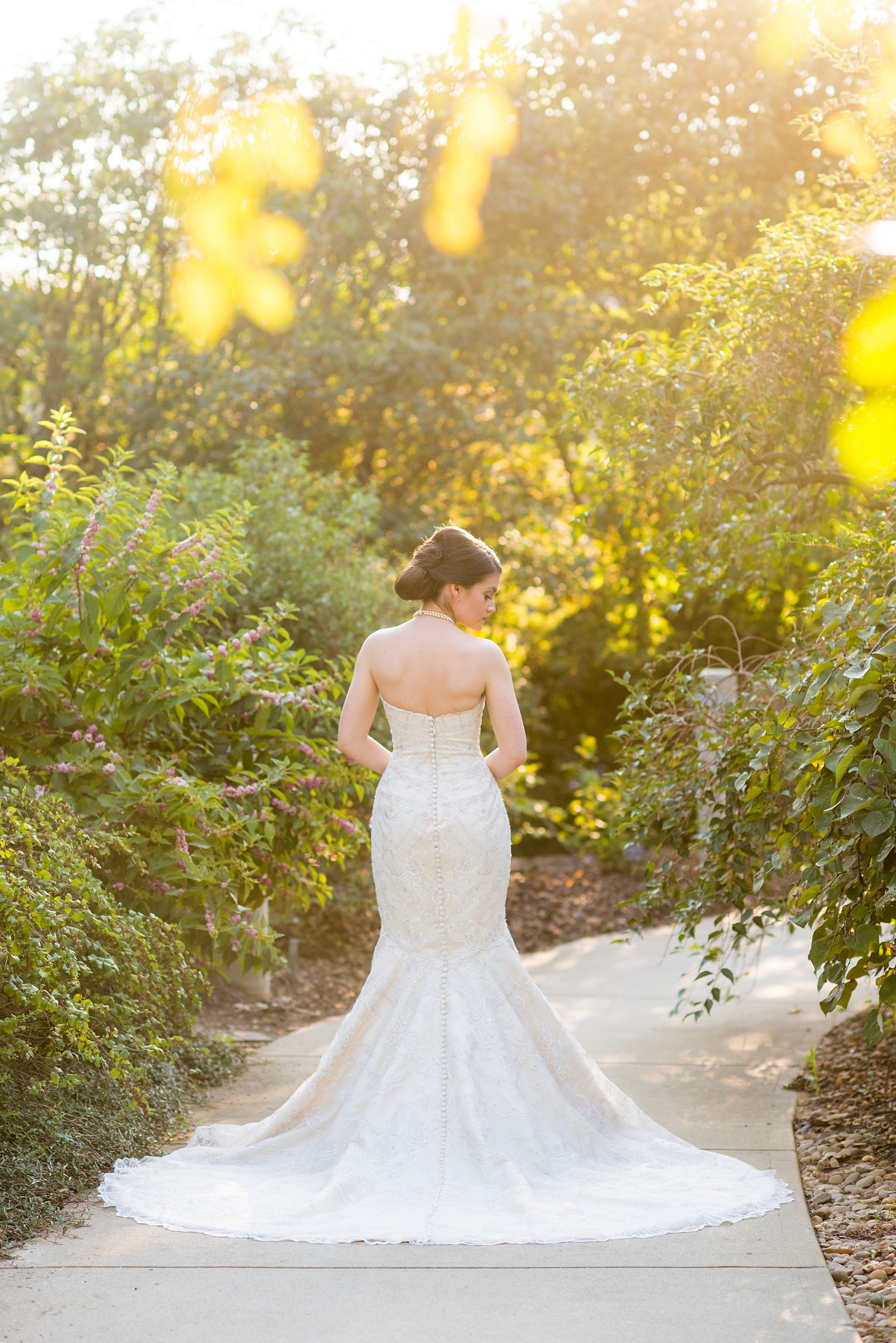 Mikkel Paige Photography photos from a bridal session at Raleigh's JC Raulston Arboretum on North Carolina's NC State campus. Picture of the back of the bride's gown with buttons down to the train, during golden hour.