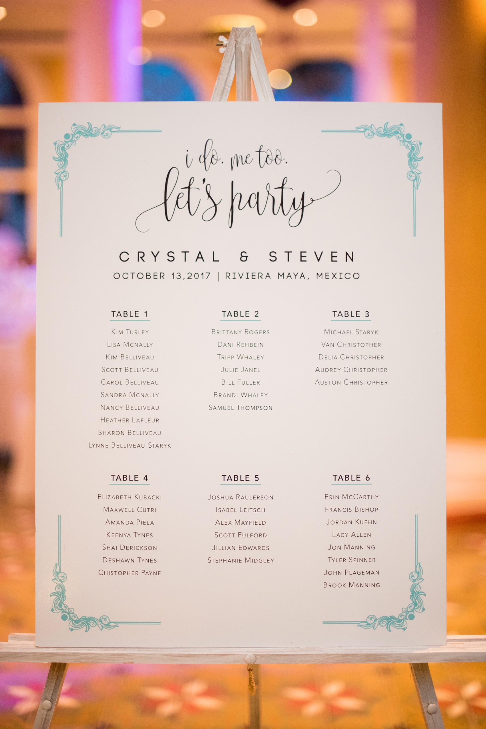 Mikkel Paige Photography photos from a wedding at Grand Paraiso, Mexico, Playa del Carmen Iberostar resort. Picture of the seating artistic chart for the reception.