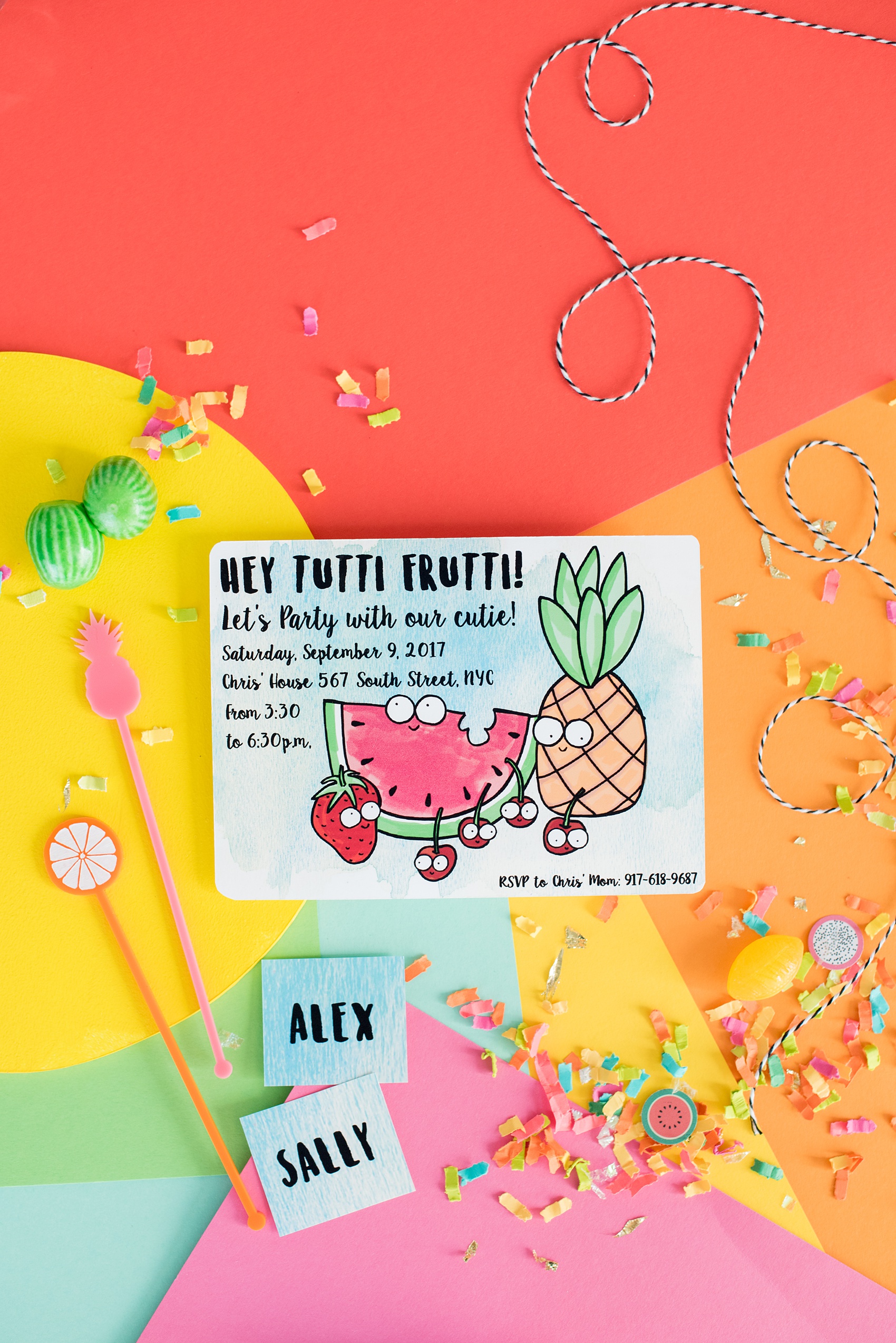 Mikkel Paige Photography photos of a Tutti Frutti theme birthday party. Featured on Martha Stewart with coordination by Color Pop Events. Paper designed by Sweet Dani B, stirrers from California Lustre, and confetti from the Confetti Bar.